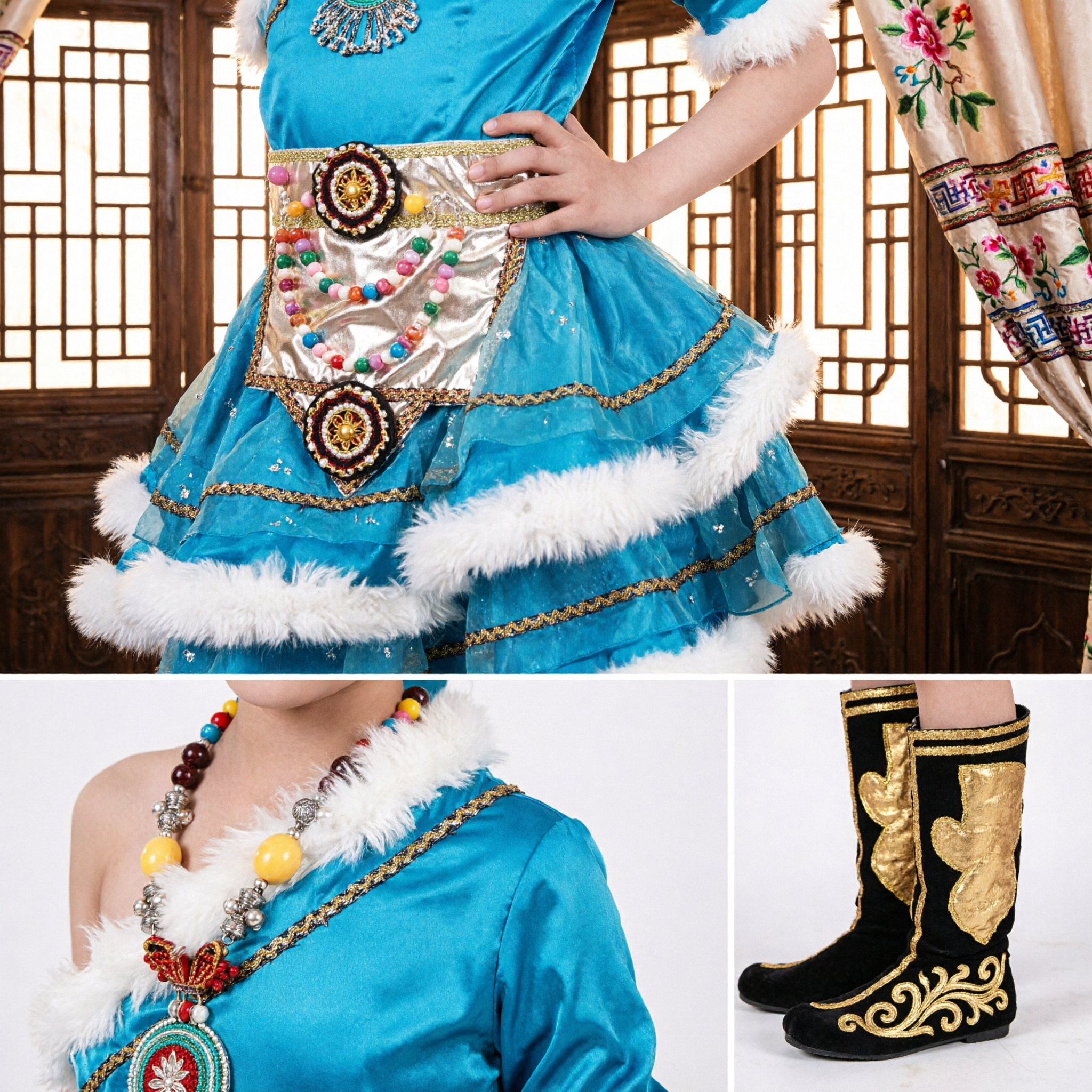 Girls Blue Mongolian Ethnic Dance Costume Traditional Folk Dress with Boots for Kids Performance - Asian Costume