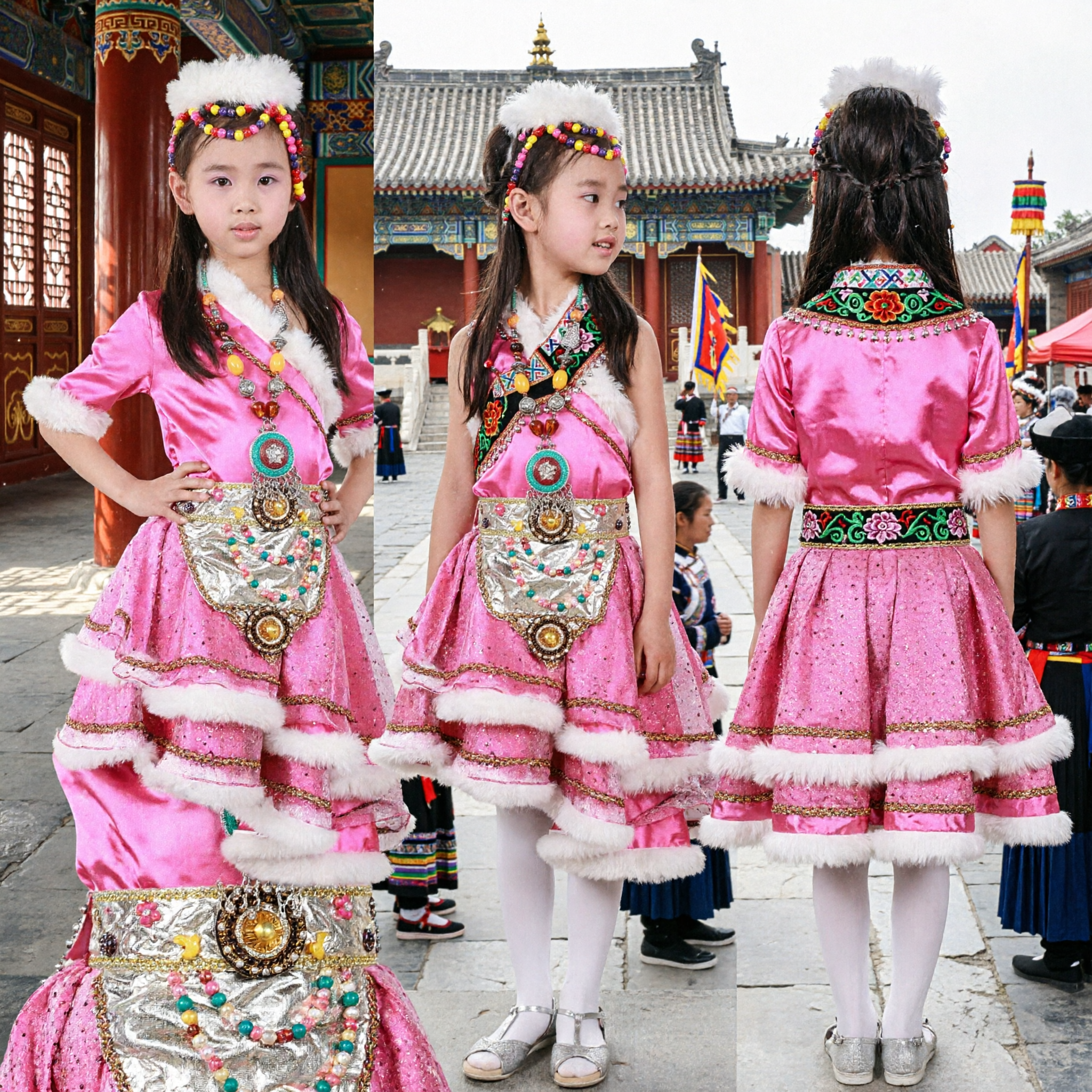 Pink Tibetan Dance Costume for Girls Kids Traditional Folk Dress with Fur Trim and Jewelry for Stage Performance - Asian Costume