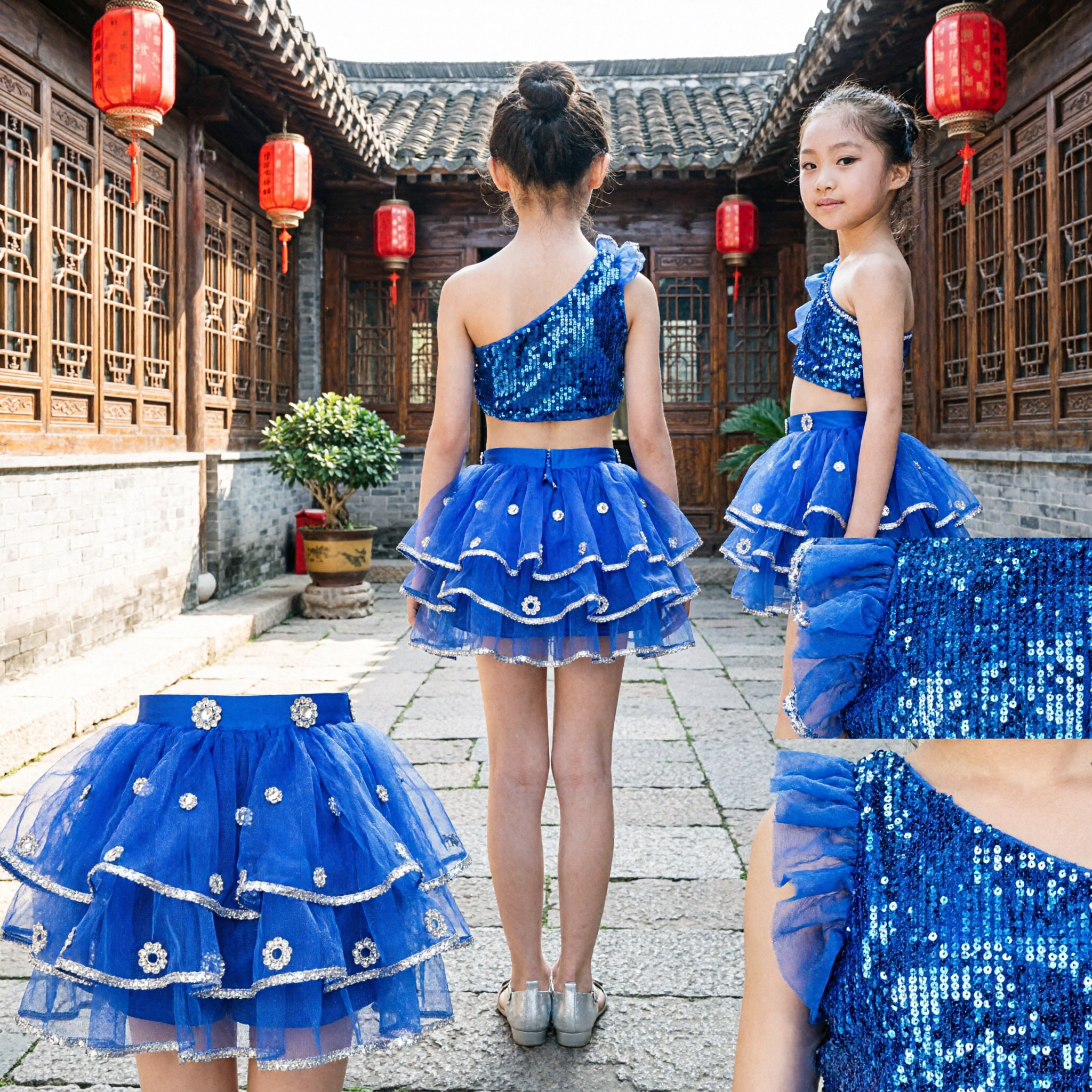 Traje de Dança Latina Azul com Lantejoulas para Meninas, Conjunto de Duas Peças para Performance e Competição Infantil no Palco - Asian Costume
