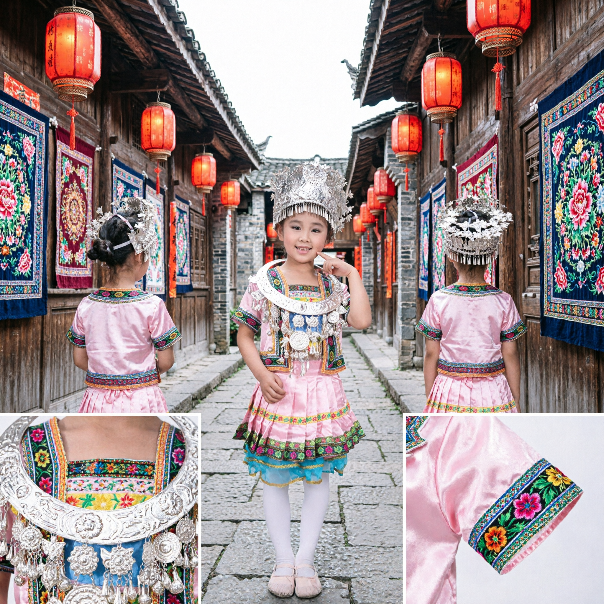 Costume tradizionale cinese etnico Miao per ragazze, abito da danza folk rosa con copricapo d'argento per bambini - Asian Costume