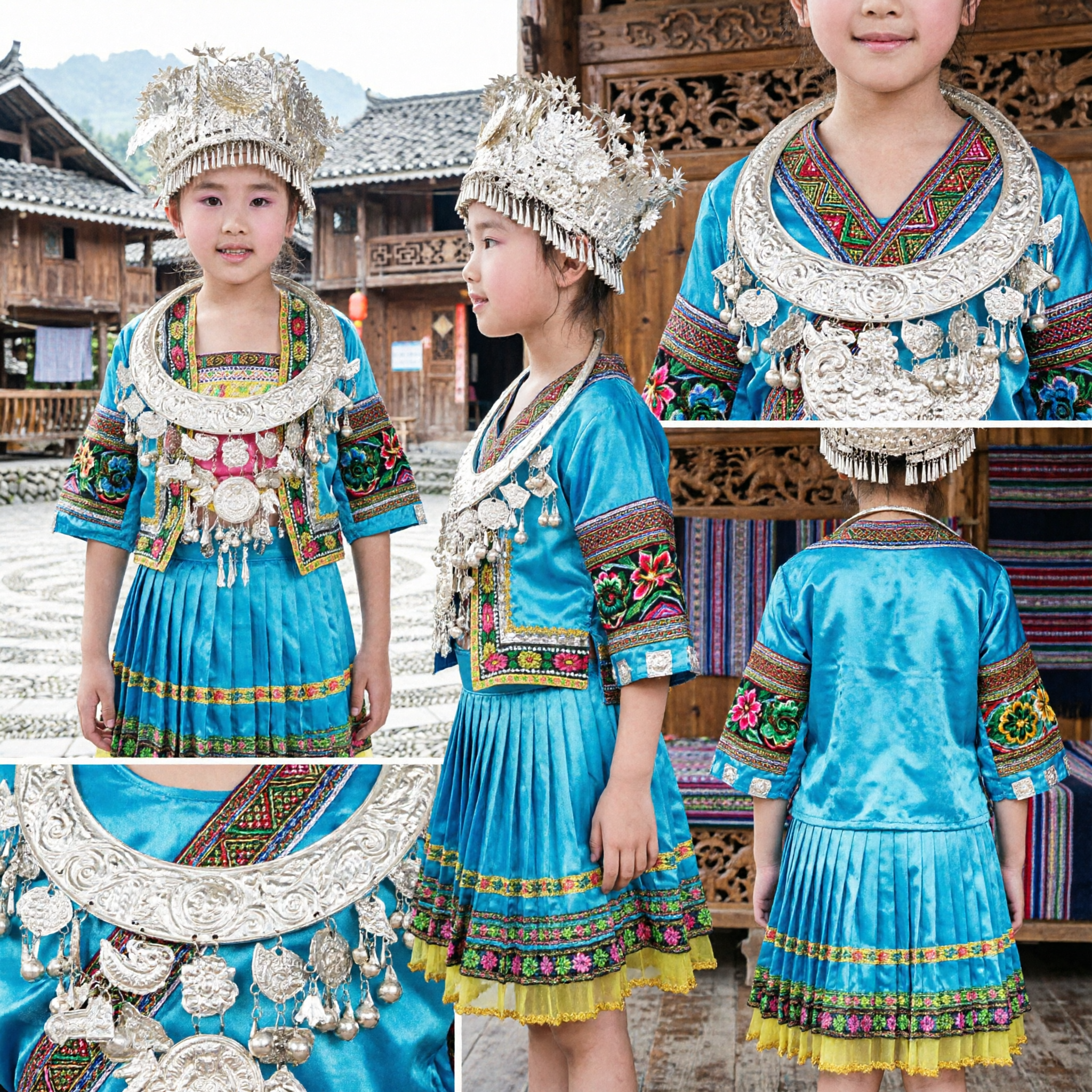 Girls Traditional Chinese Miao Ethnic Dance Costume Blue Embroidered Dress with Silver Headdress Set - Asian Costume