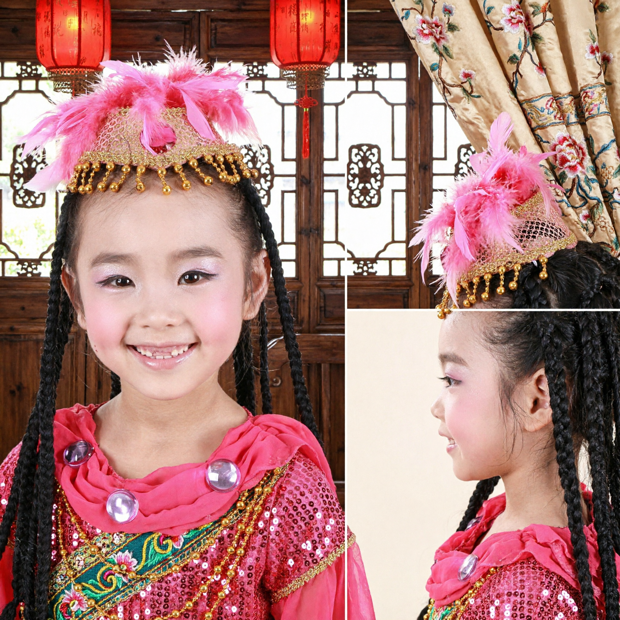 Pink Traditional Chinese Xinjiang Dance Costume for Girls Kids with Feather Headpiece and Sequins for Stage Performance - Asian Costume