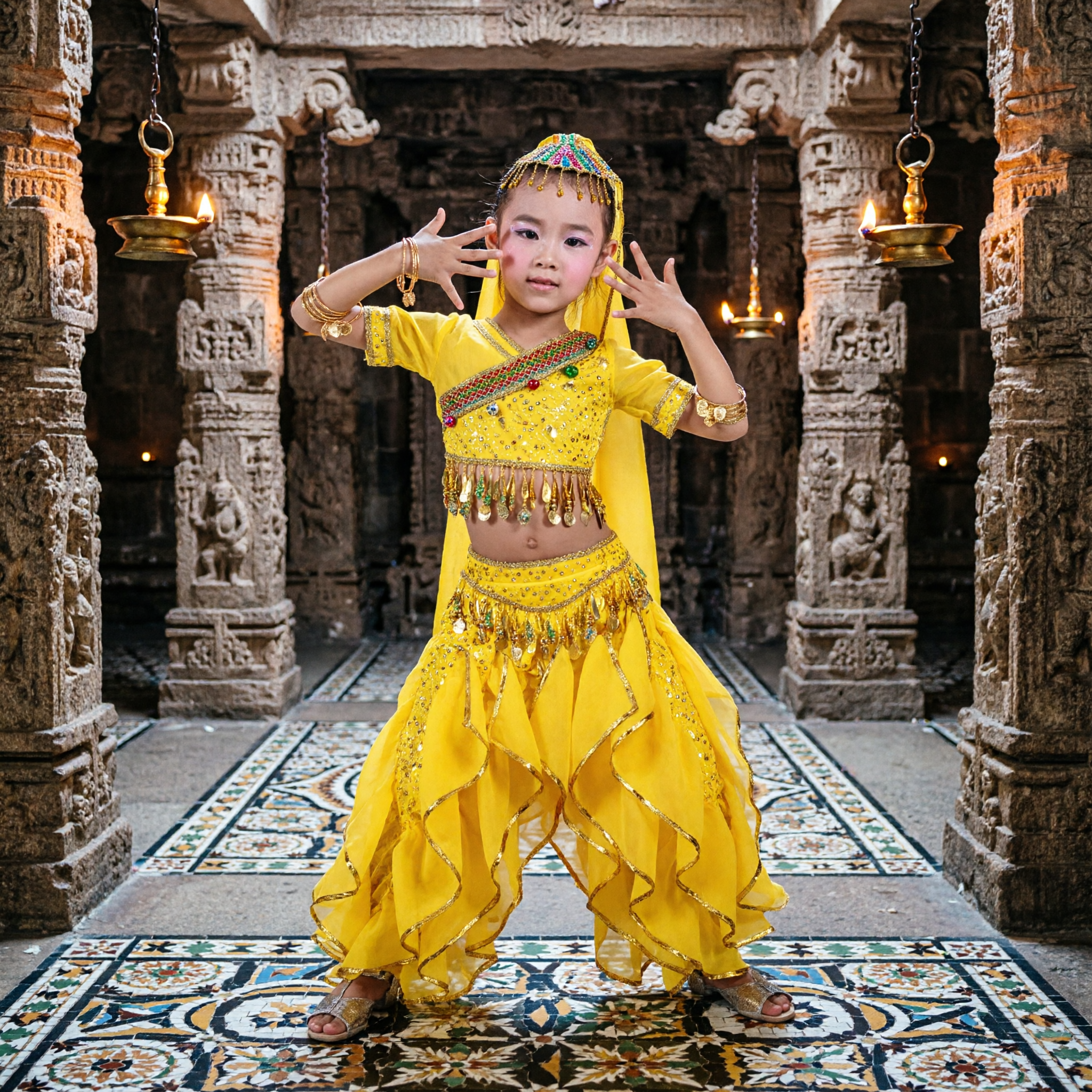 Girls Yellow Indian Bollywood Dance Costume Kids Ethnic Belly Dance Outfit for Stage Performance - Asian Costume