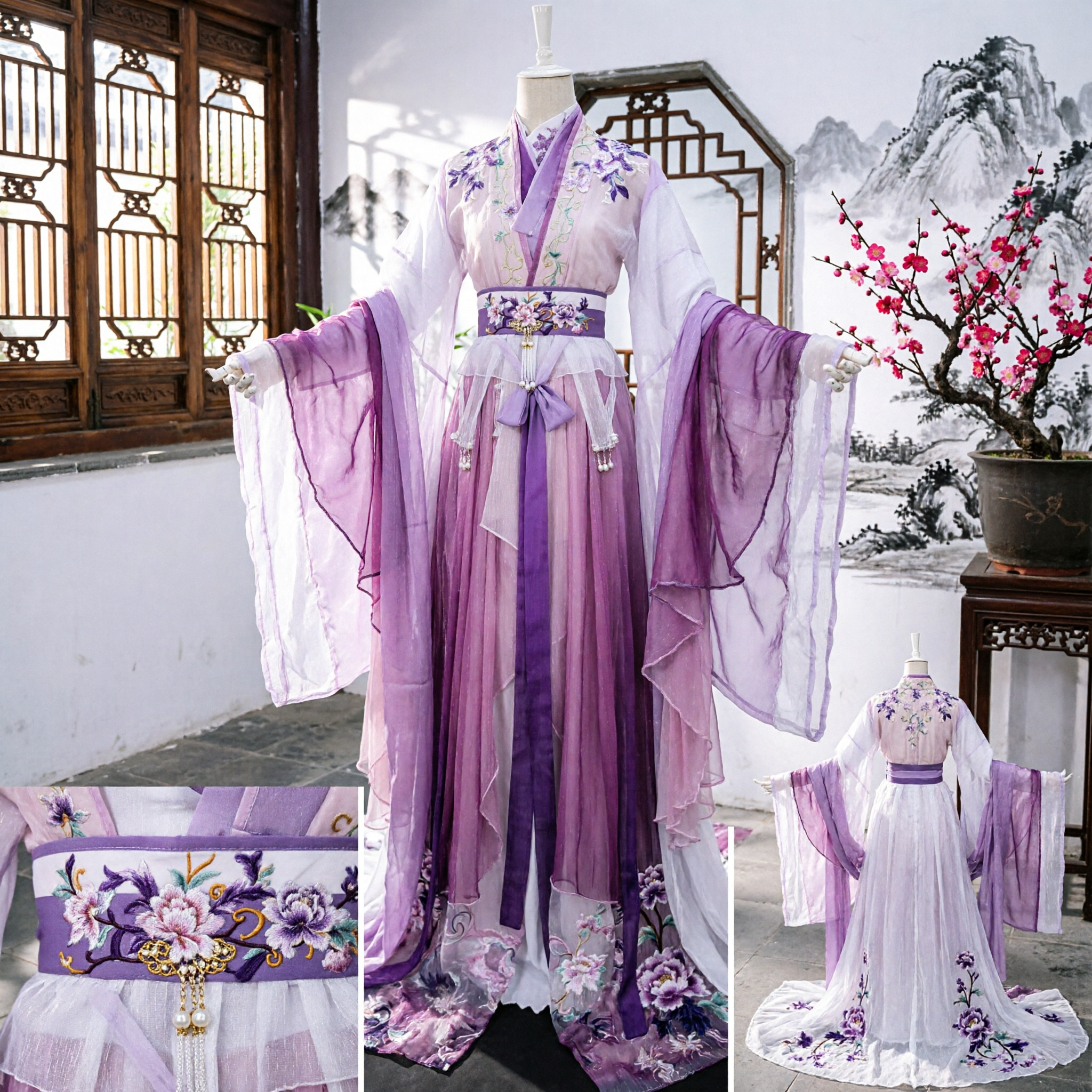 Paarse Bloemenborduurwerk Hanfu Traditioneel Chinese Tang-dynastie Ruqun-jurk Oud Feeënkostuum voor Vrouwen Cosplay - Asian Costume