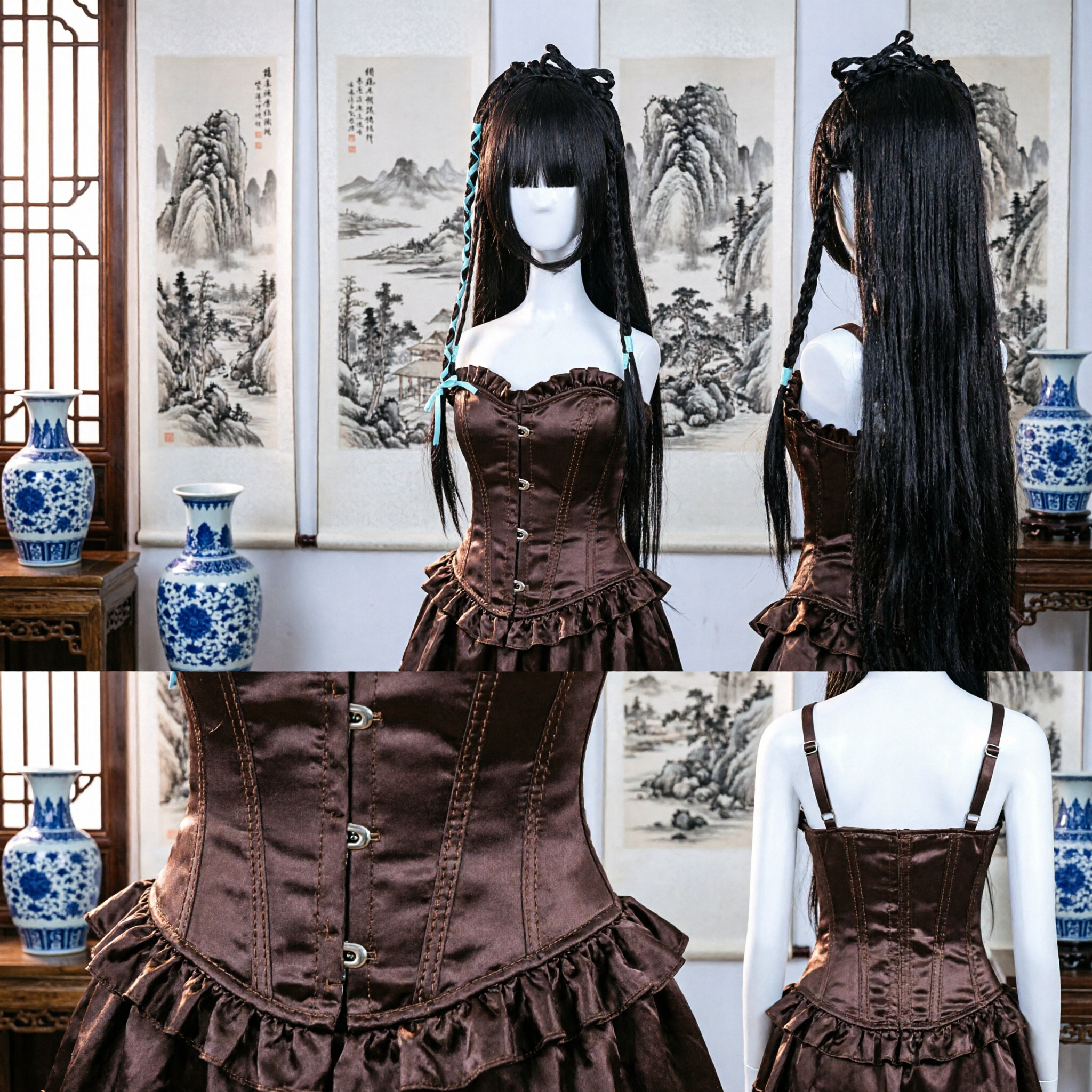 Traditionelle antike chinesische schwarze Perücke mit Zöpfen und blauen Bändern für Hanfu Cosplay Kostüm Haarteil - Asian Costume