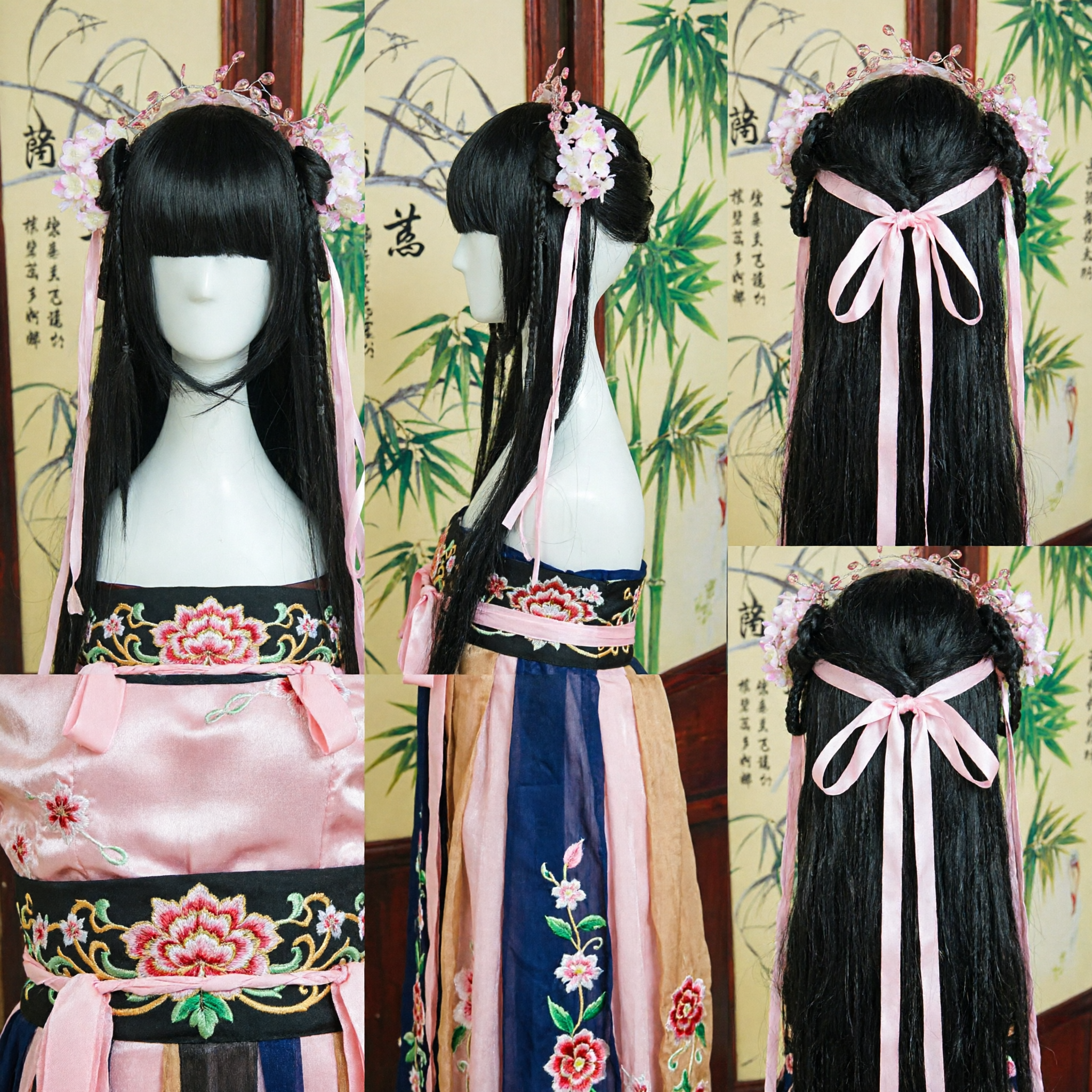 Juego de Peluca Negra de Princesa China Antigua Tradicional con Corona Floral para Cosplay Hanfu y Espectáculos en el Escenario - Asian Costume