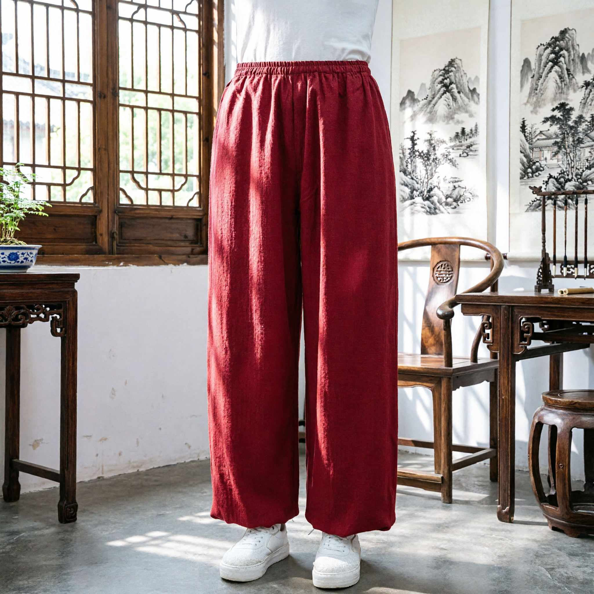 Pantalones Rojos de Kung Fu Tradicionales para Hombres y Mujeres, Holgados, Pantalones de Tai Chi y Artes Marciales - Asian Costume