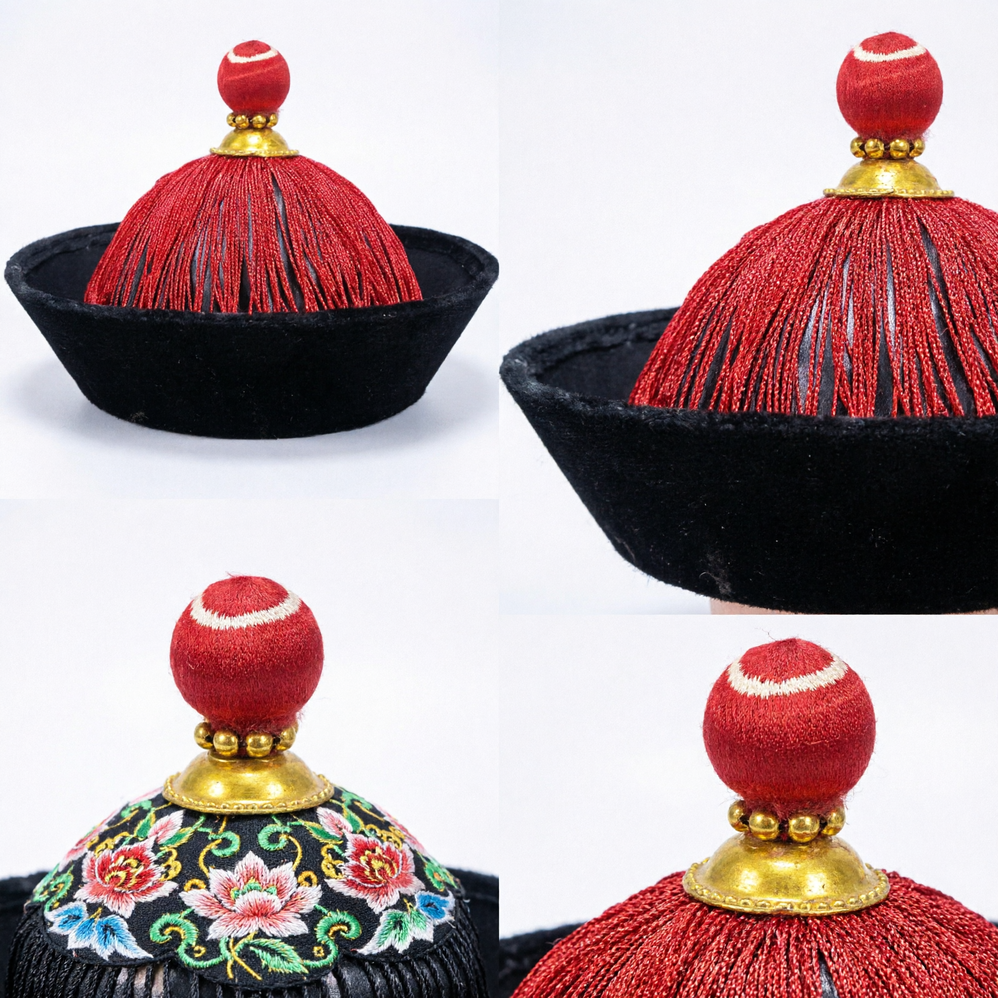 Chapeau Officiel de la Dynastie Qing Traditionnel Chinois Casquette Velours Noir avec Gland Rouge pour Hommes Cosplay Historique - Asian Costume