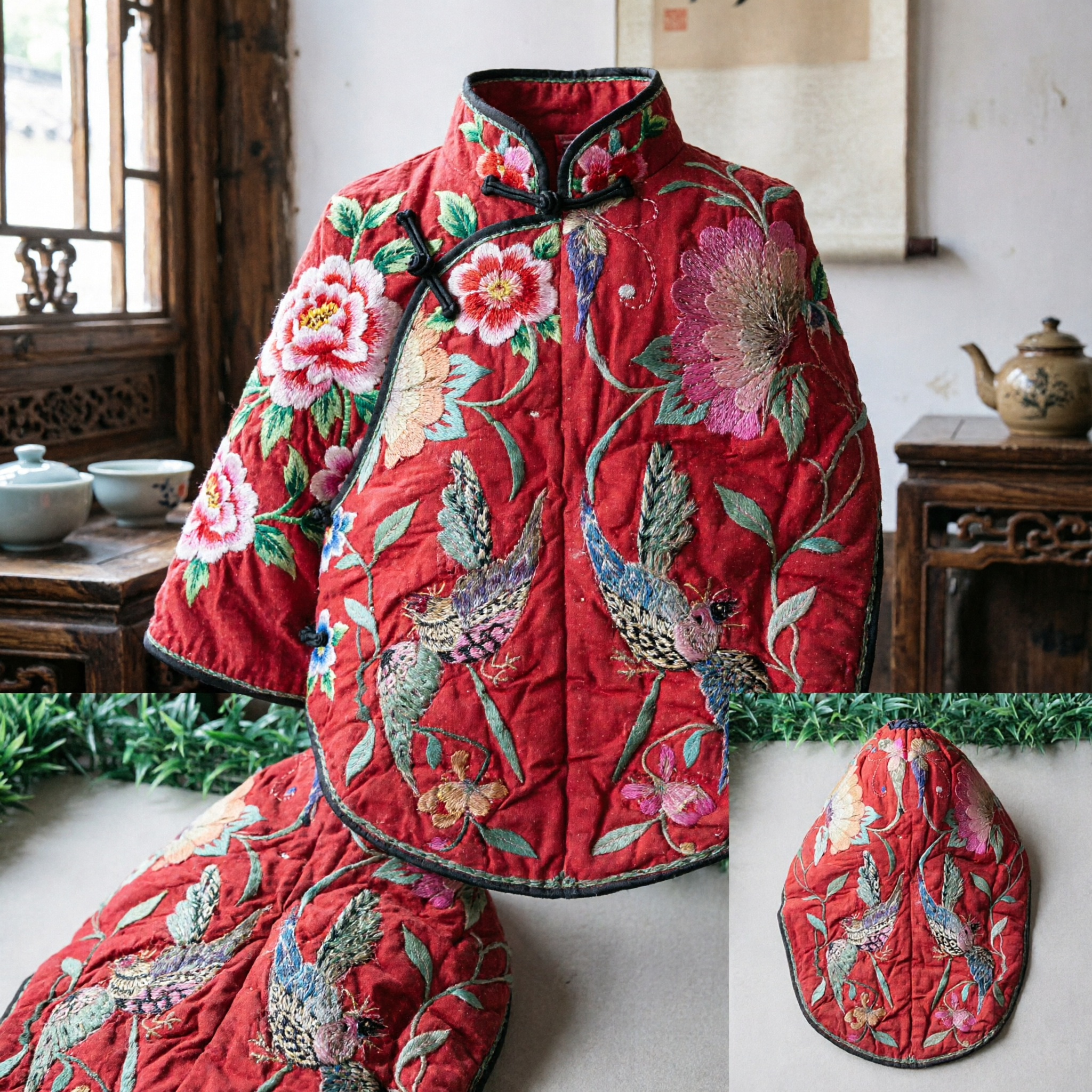 전통 중국 빨간색 자수 봉황 꽃 누비 모자 한푸 웨딩 및 역사 의상용 - Asian Costume