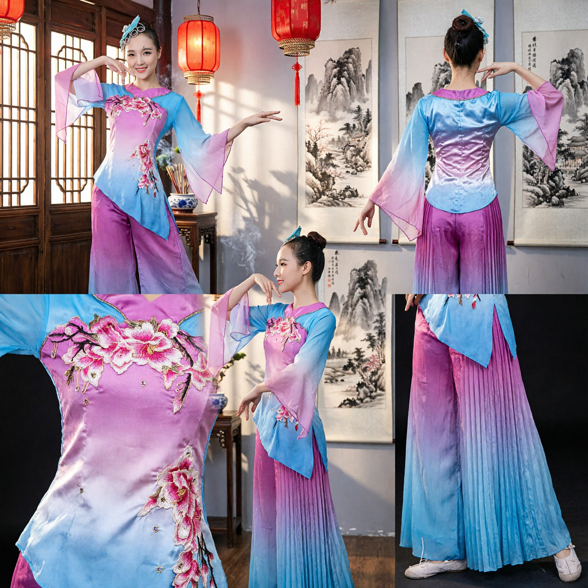 Frauen-Traditionelles chinesisches Tanzkostüm Verlauf Blau-Rosa Volkstanz-Outfit mit Blumenstickerei für Bühnenauftritt - Asian Costume
