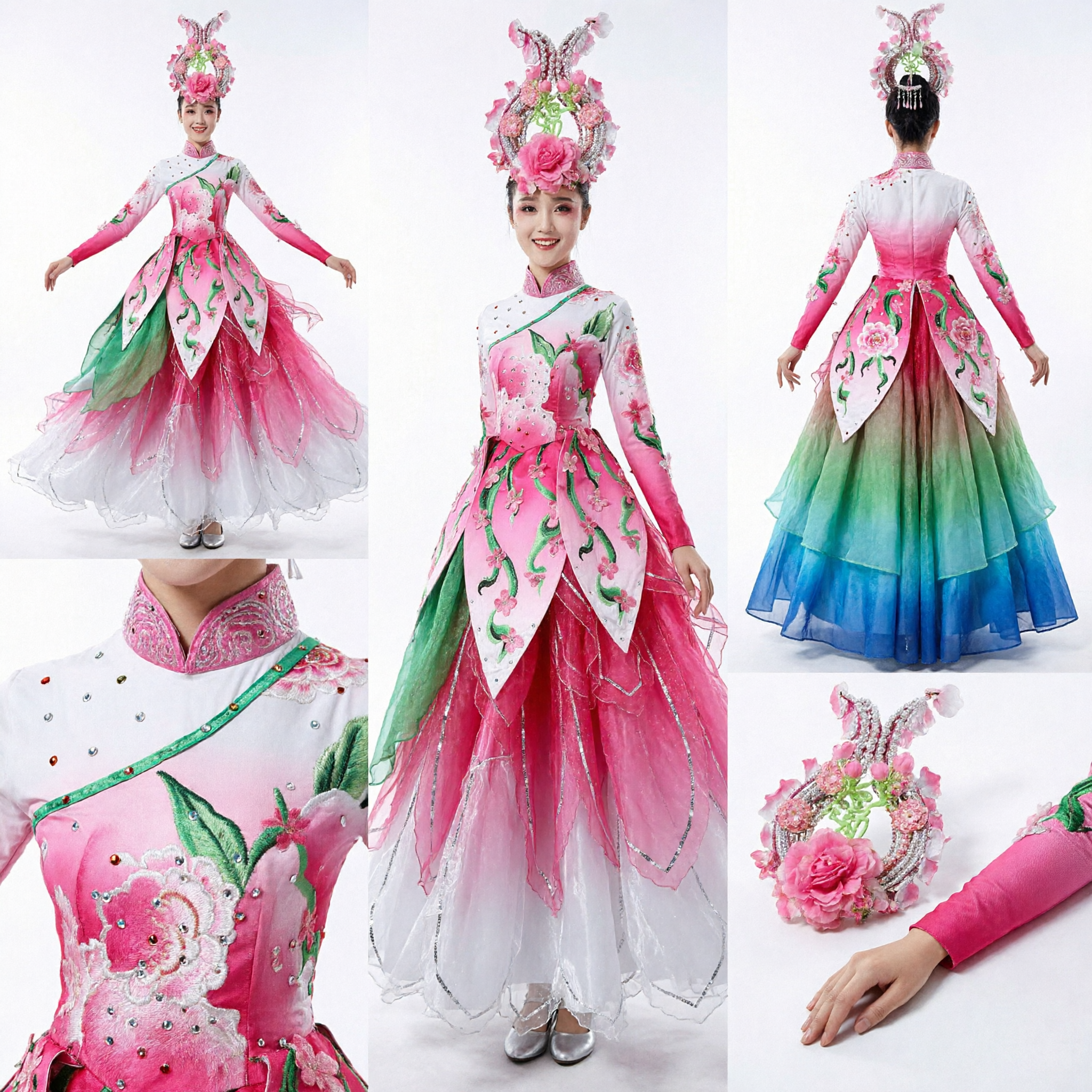 Costume de danse classique chinoise pour femmes - Robe rose lotus Yangge, tenue traditionnelle folklorique pour scène avec coiffe - Asian Costume