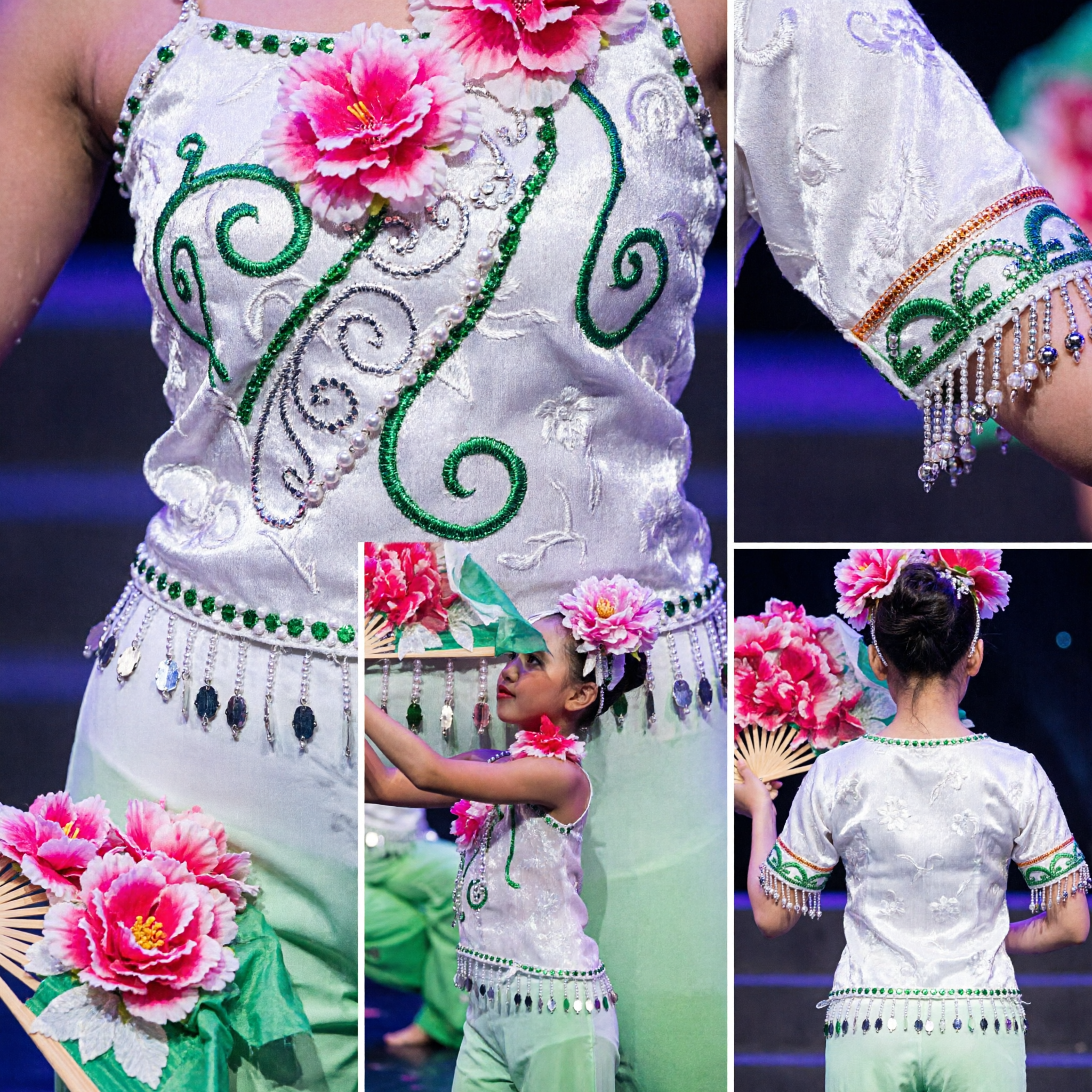 Kinderen Chinese Pioenroos Waaierdans Kostuum Meisjes Traditionele Yangge Optreden Outfit Set - Asian Costume