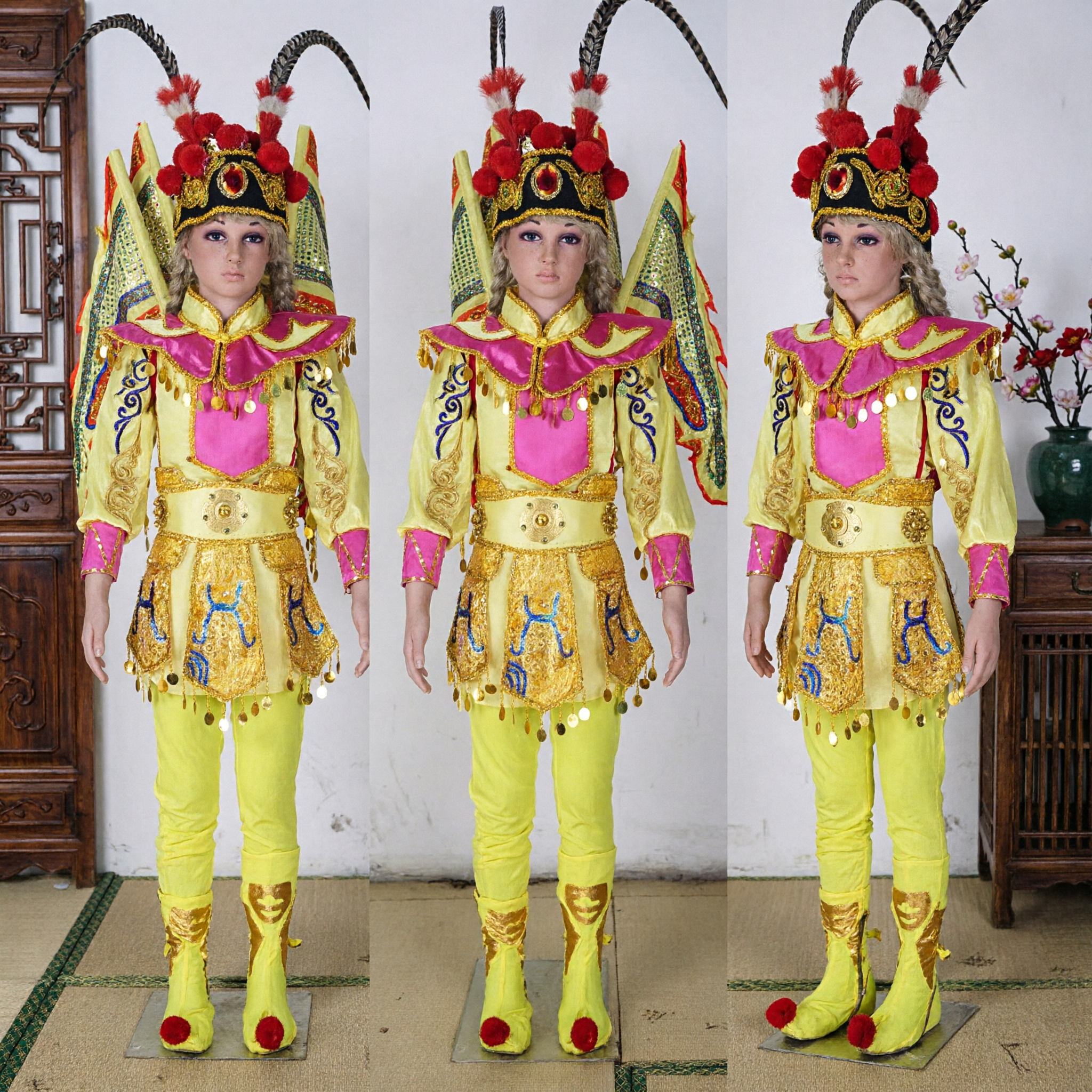 전통 중국 경극 장군 의상 노란색 무사 복장 (투구 및 깃발 포함, 무대 공연용) - Asian Costume