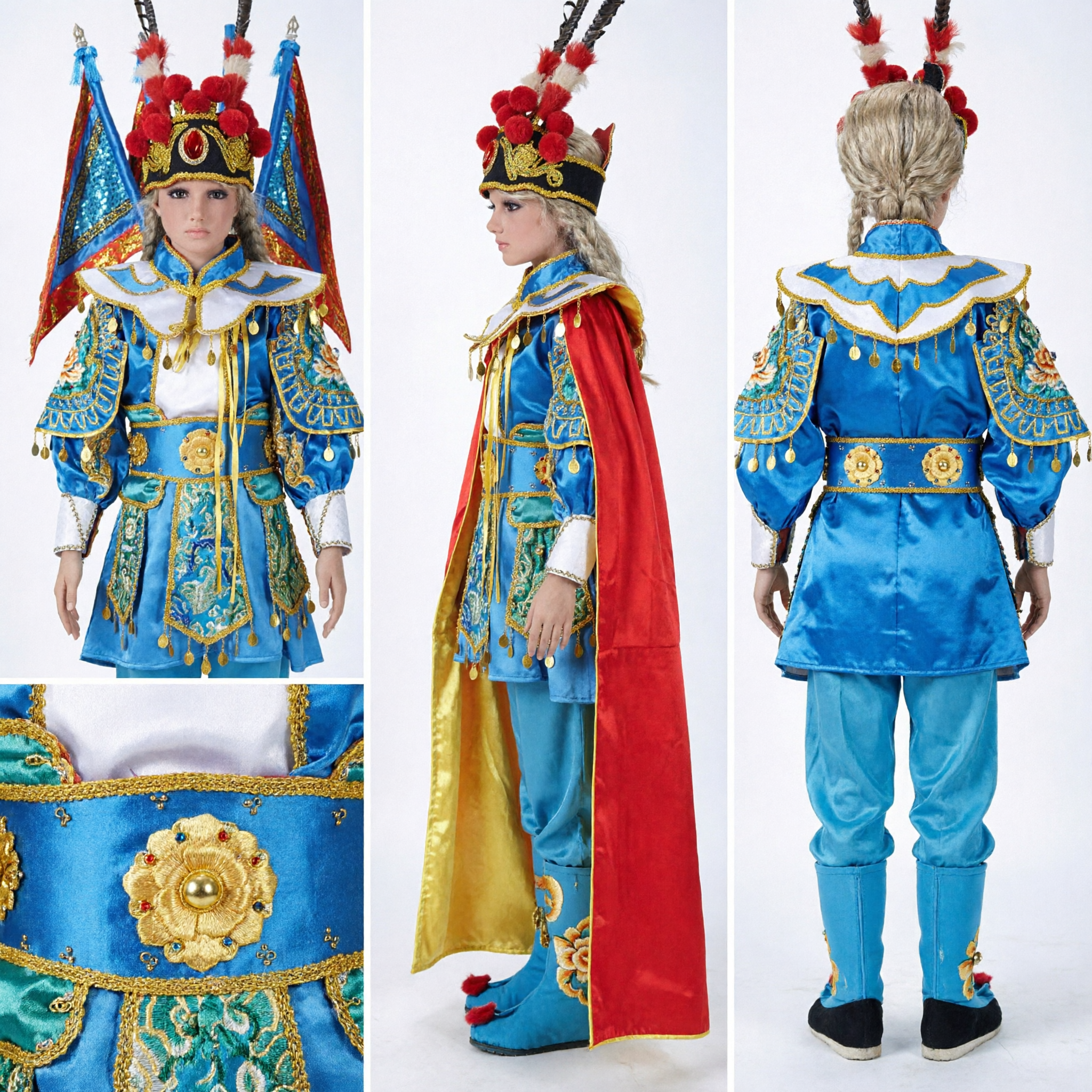 Costume da Generale dell'Opera Cinese Tradizionale Blu e Oro con Copricapo a Fagiano per Spettacoli e Cosplay - Asian Costume