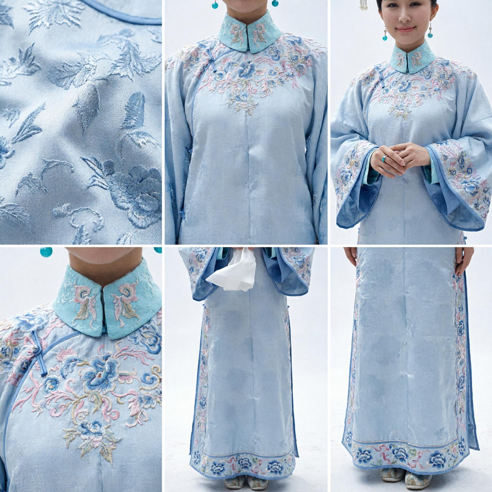 Antikes Chinesisches Qing-Dynastie-Prinzessinnen-Kostüm, blaue Blumenstickerei, traditionelles Manchu-Damen-Palastkleid - Asian Costume
