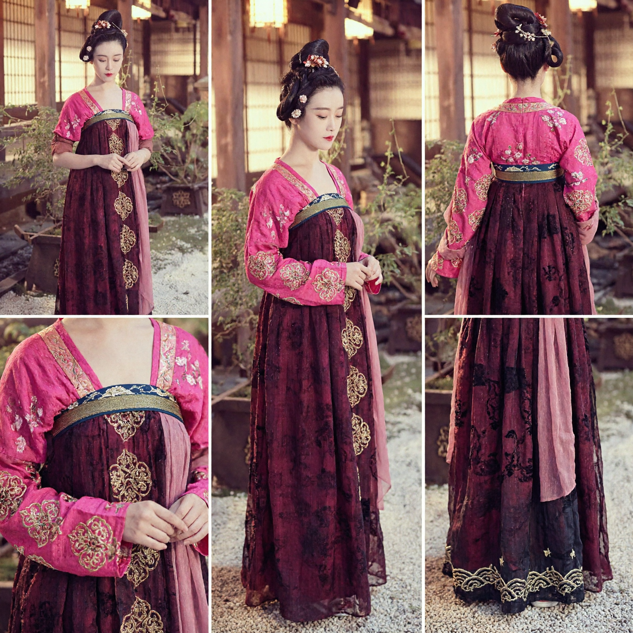 전통 중국 한푸 당나라 고대 궁정 의상 여성 분홍색 자수 상의 적갈색 스커트 드레스 - Asian Costume