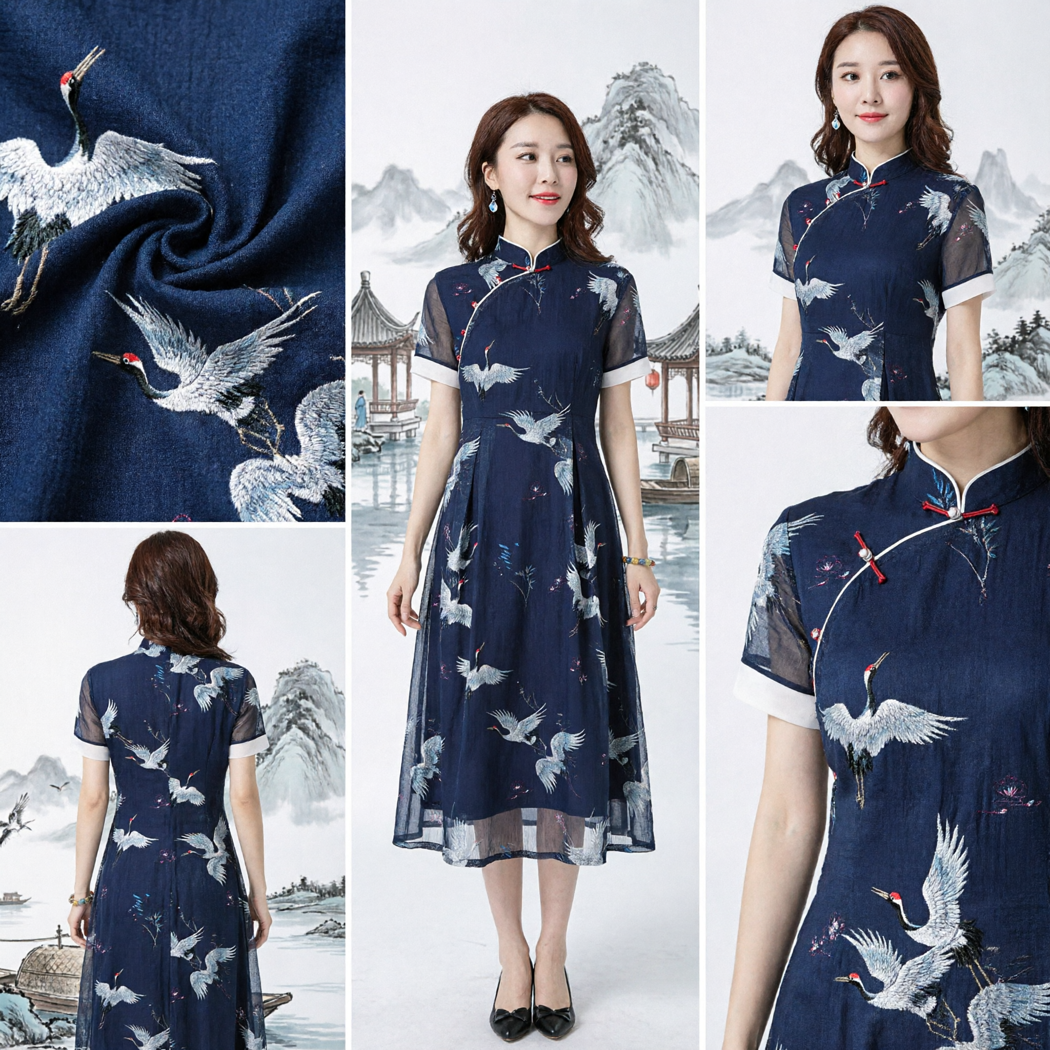 Elegante marineblauwe Chinese kraanvogelprint Cheongsam-jurk - Moderne chiffon Qipao korte mouw zomerjurk voor vrouwen - Asian Costume