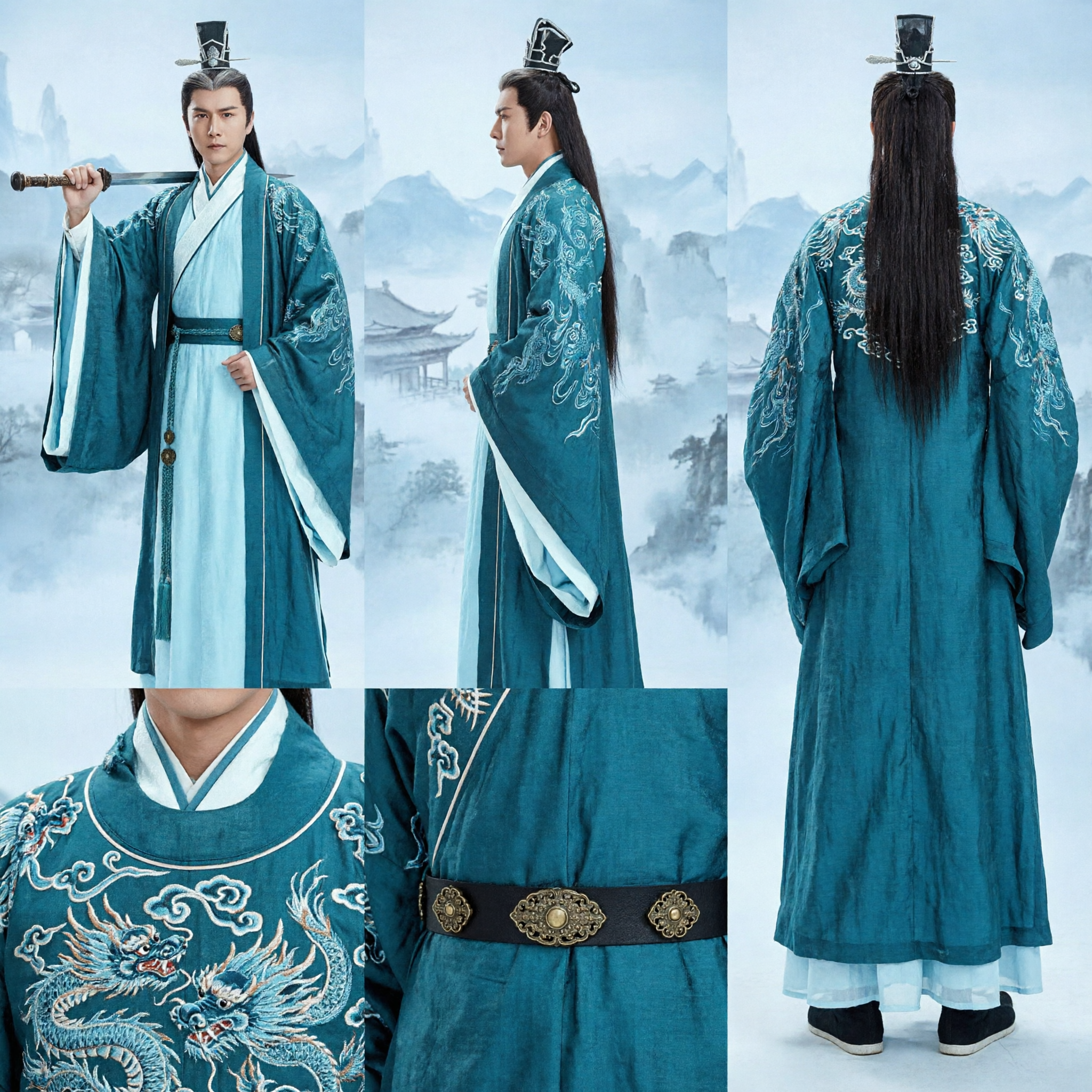 男性用古代中国剣士漢服 伝統的武侠騎士刺繍緑ローブ コスプレ用 - Asian Costume