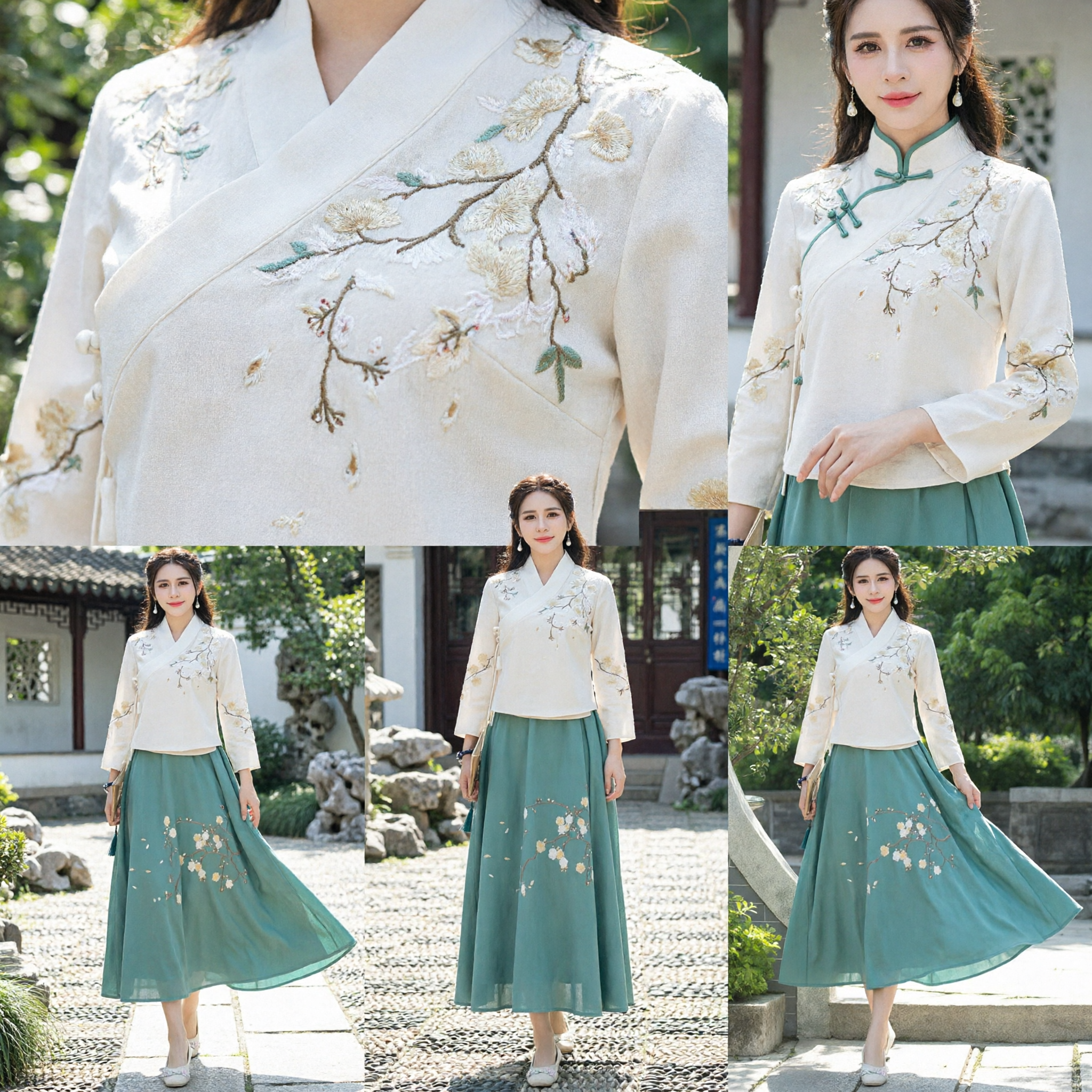 Elegante traditionele Chinese Hanfu-set voor vrouwen - Witte geborduurde blouse en groenblauwe rok antiek kostuum - Asian Costume