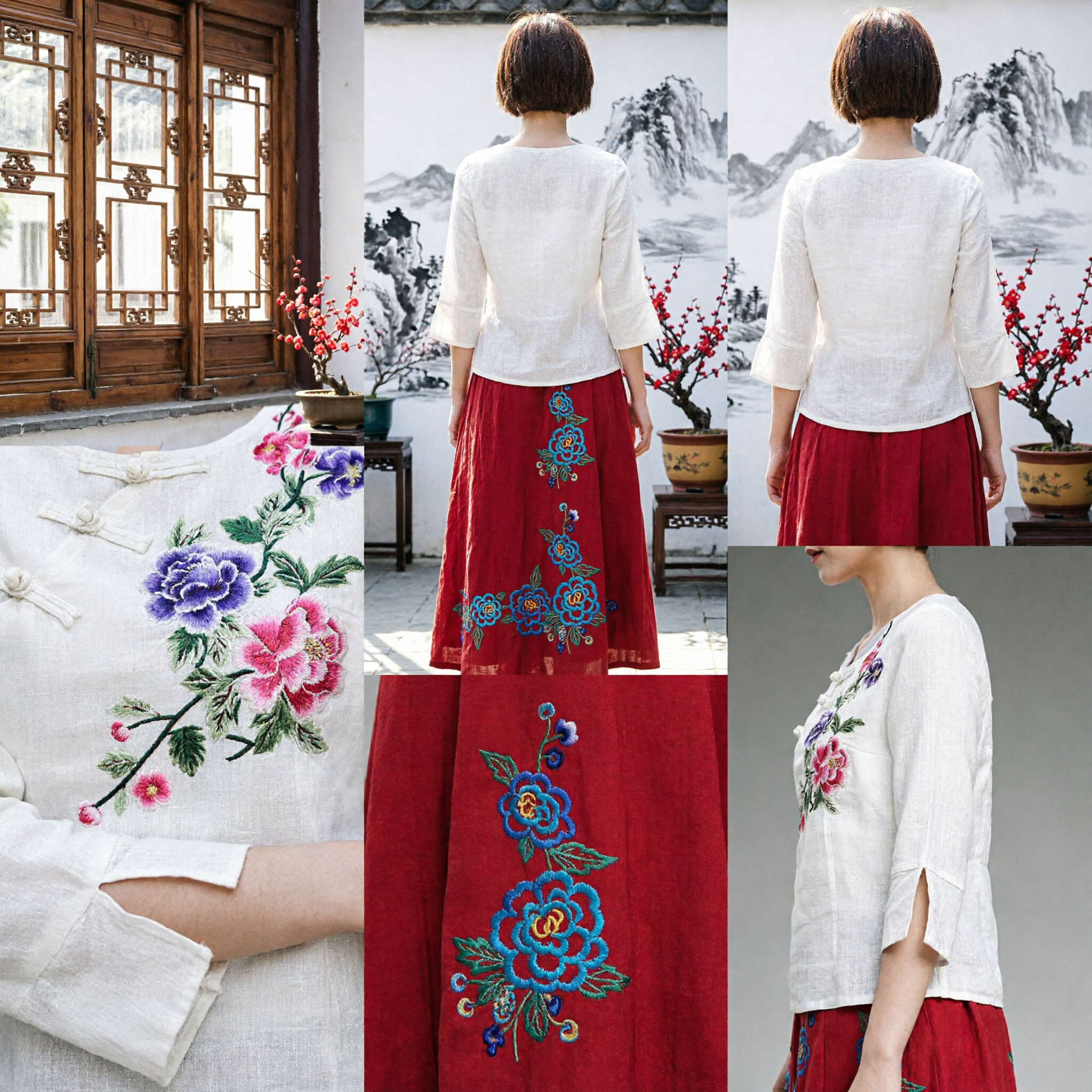 Blusa para Mujer Estilo Chino Bordada de Lino Top Tradicional Floral Tang Suit Cuello Mandarín Uso Casual Étnico - Asian Costume