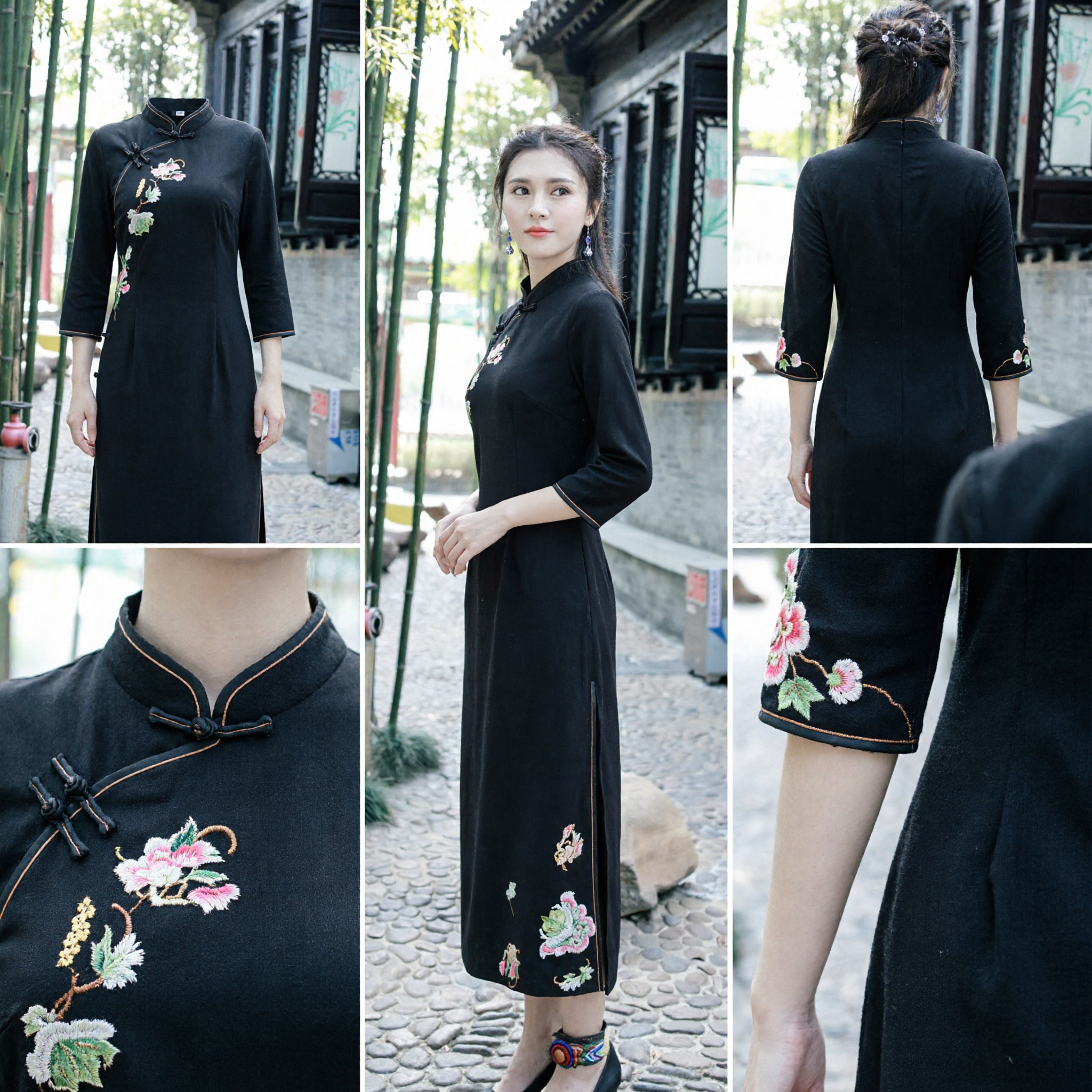 Elegancka Czarna Suknia Cheongsam z Długim Rękawem i Wszywanym Kwiatowym Wzorem, Tradycyjna Chińska Qipao dla Kobiet na Codzienne Noszenie - Asian Costume