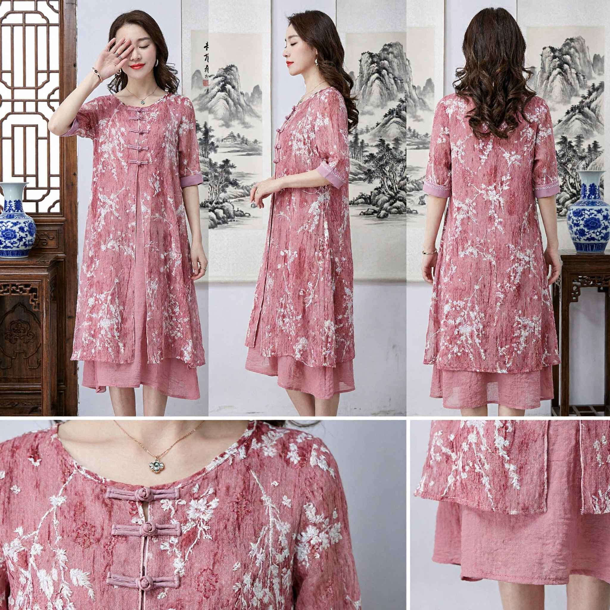 Vrouwen Chinese Traditionele Bloemen Linnen Jurk Vintage Tang-pak Loose Zomer Casual Jurk voor Dames Moeder - Asian Costume