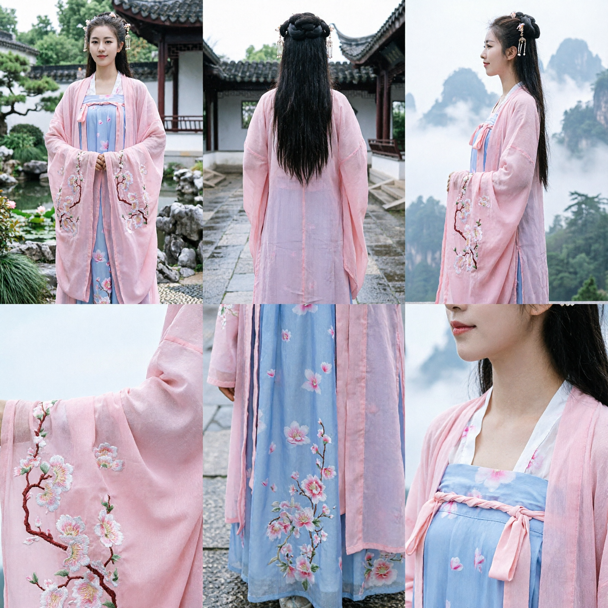 Traditionelles chinesisches Hanfu Tang-Dynastie Stil Rosa besticktes Gewand und blaues Kleid Kostüm für Frauen - Asian Costume