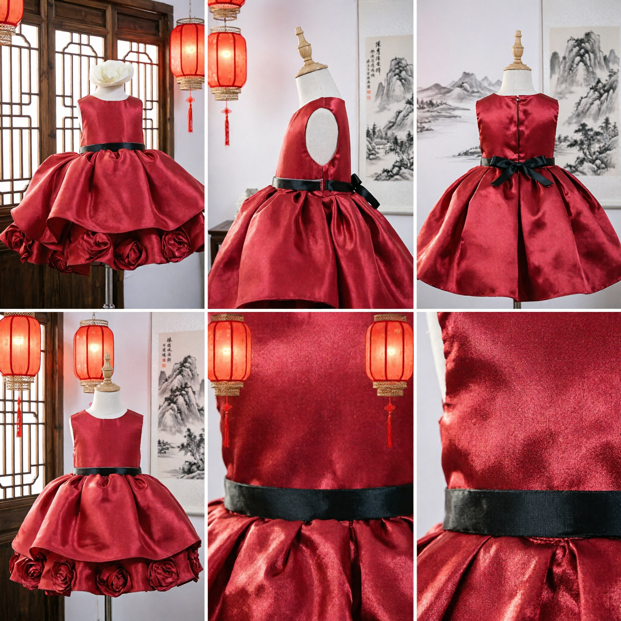 Elegant Red Satin Flower Girl Dress for Toddlers with Rose Hem for Wedding Parties - Asian Costume