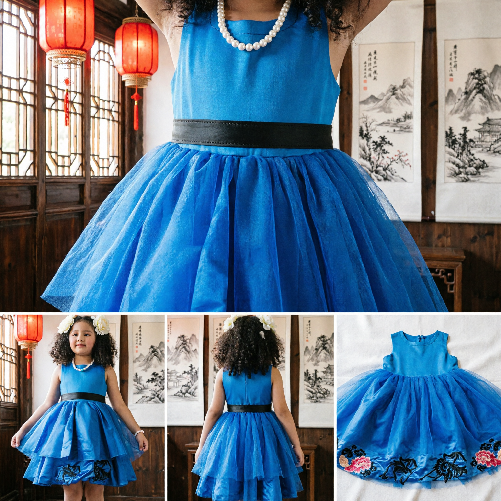 Vestido de Princesa Azul Royal para Meninas Sem Mangas Vestido de Cetim para Performance no Palco e Concursos - Asian Costume