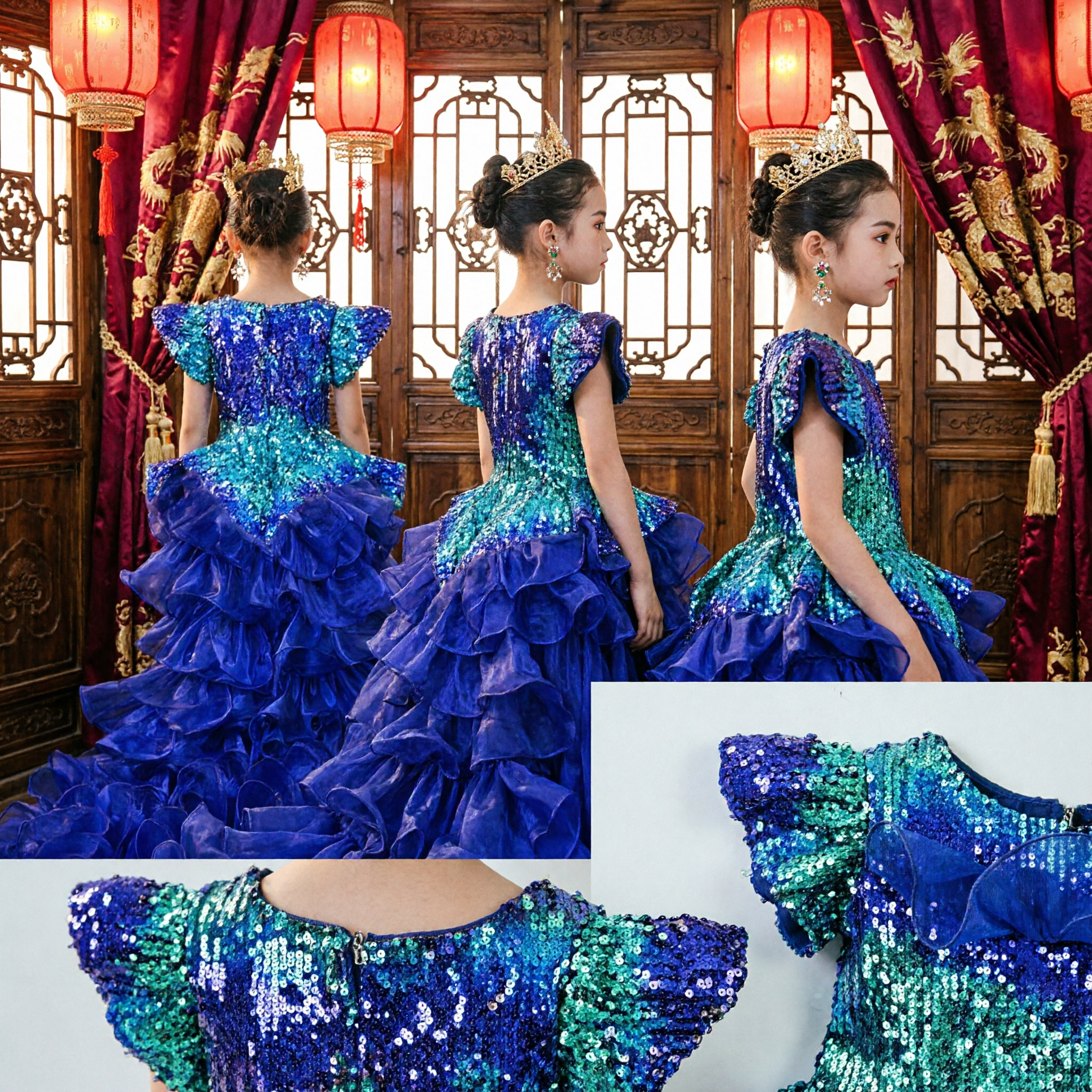 Vestido de Noche Azul Real con Lentejuelas y Falda con Volantes para Niñas, Traje para Presentaciones en Escenario y Concursos - Asian Costume