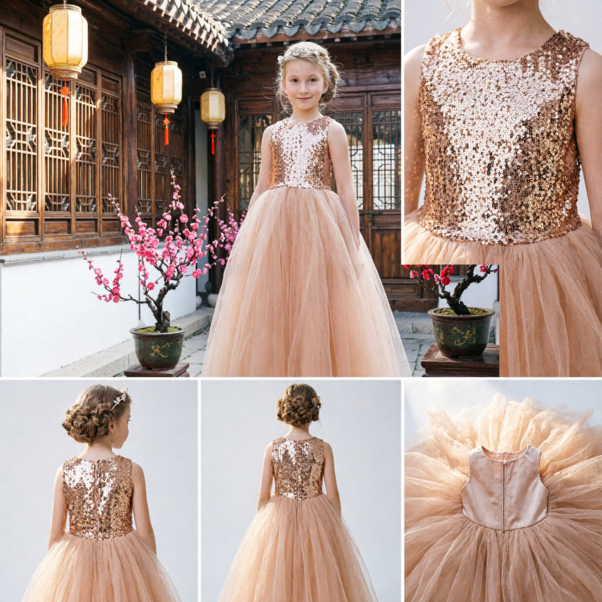Girls Peach Sequin Sleeveless Tulle Ball Gown Formal Dress for Wedding Flower Girl Pageant - Asian Costume
