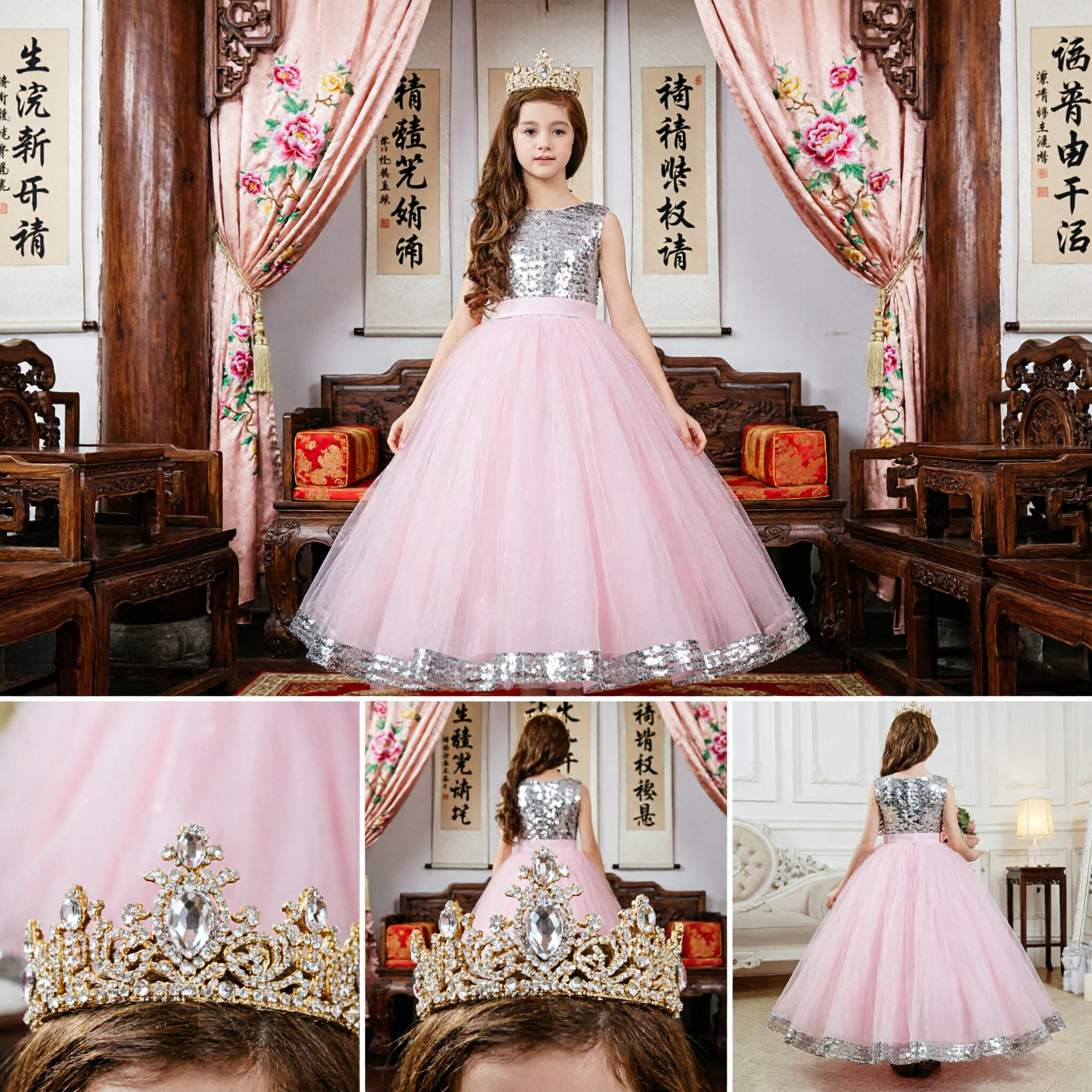 Elegant Pink Sequin Princess Dress for Girls Long Tulle Gown Flower Girl Wedding Party Costume - Asian Costume