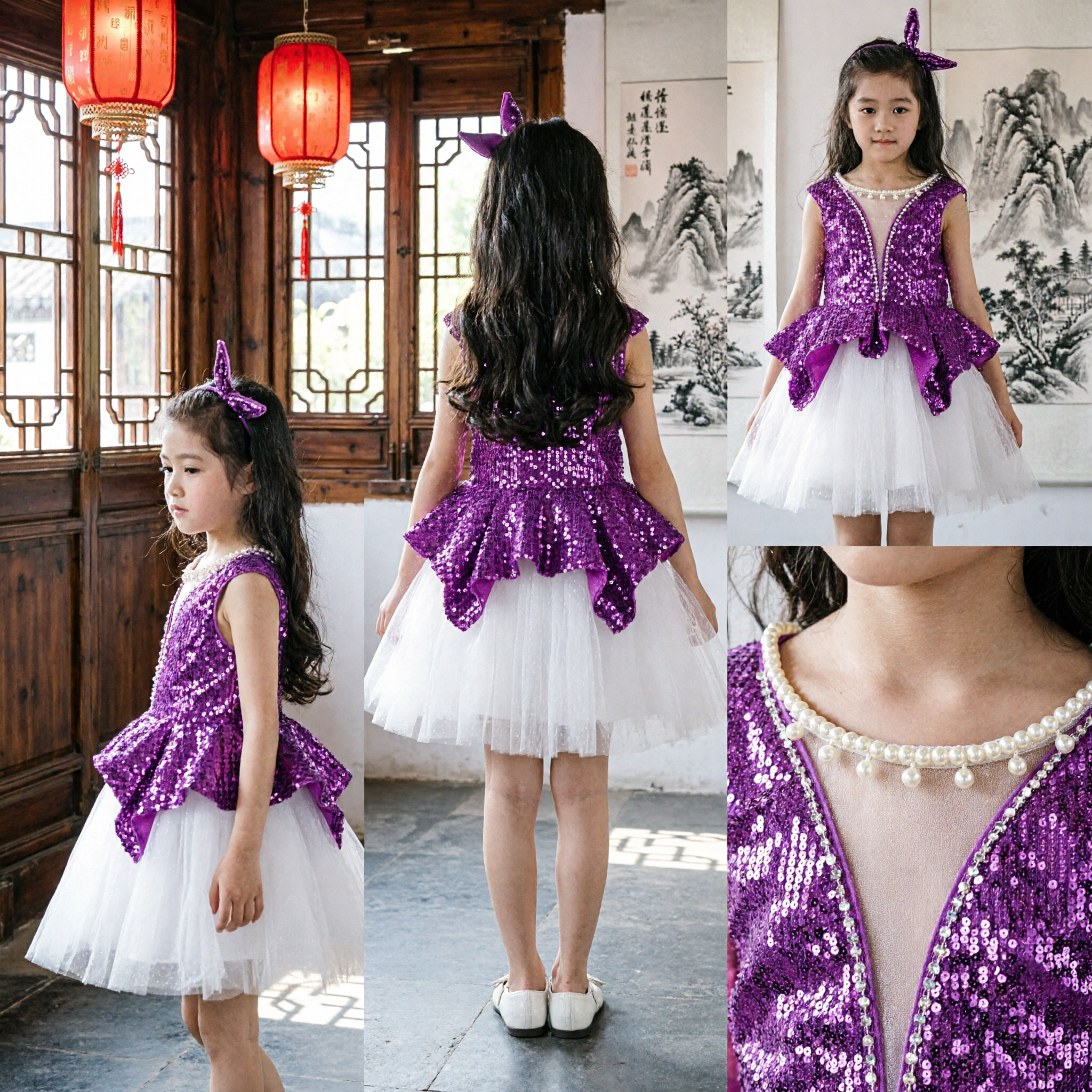 Completo per bambine con gilet peplum viola con paillettes e gonna in tulle bianco per costume da esibizione di danza sul palco - Asian Costume