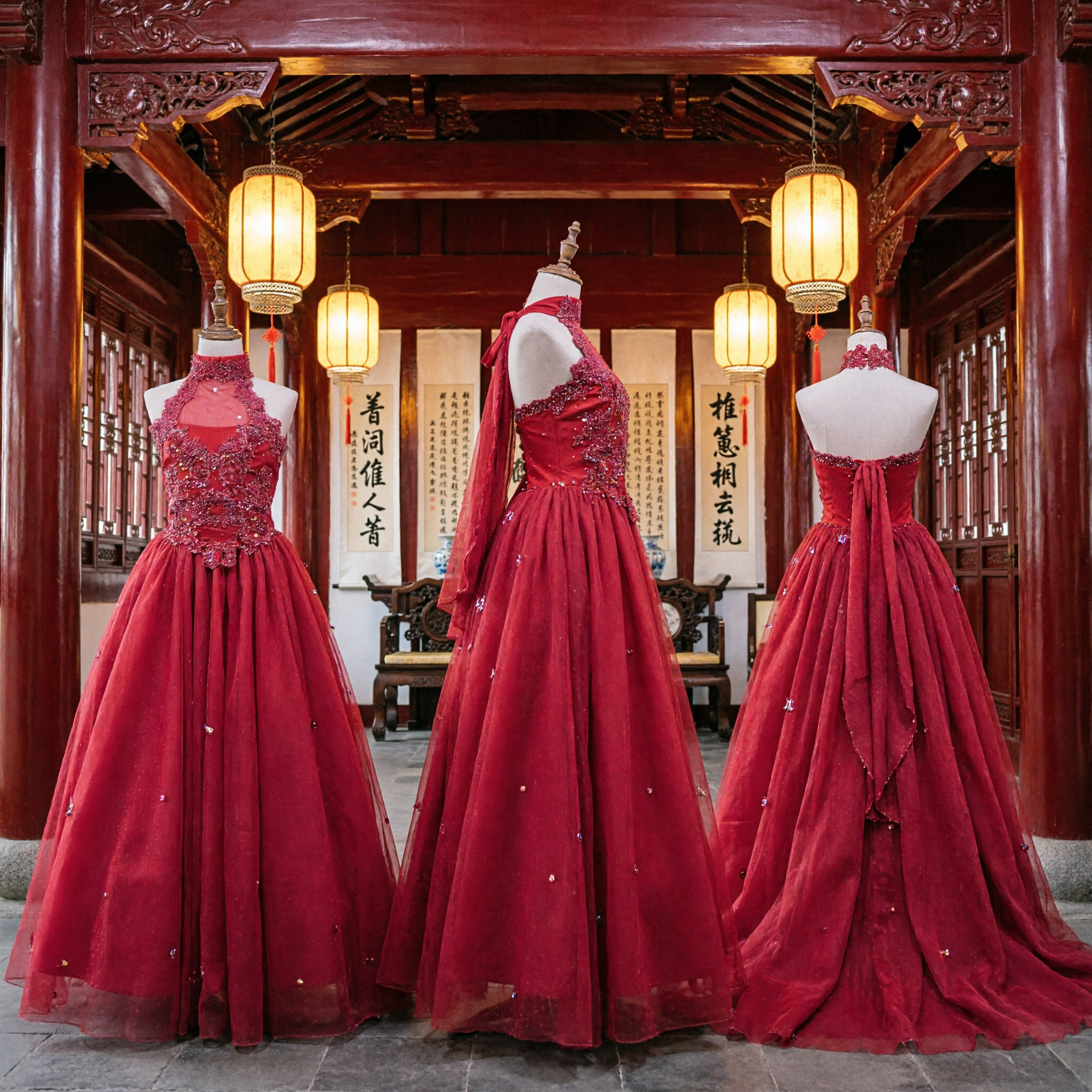 Traditionelles chinesisches rotes Hochzeitskleid, besticktes hohes Nacken-Ballkleid für die Braut, formeller Anlass - Asian Costume