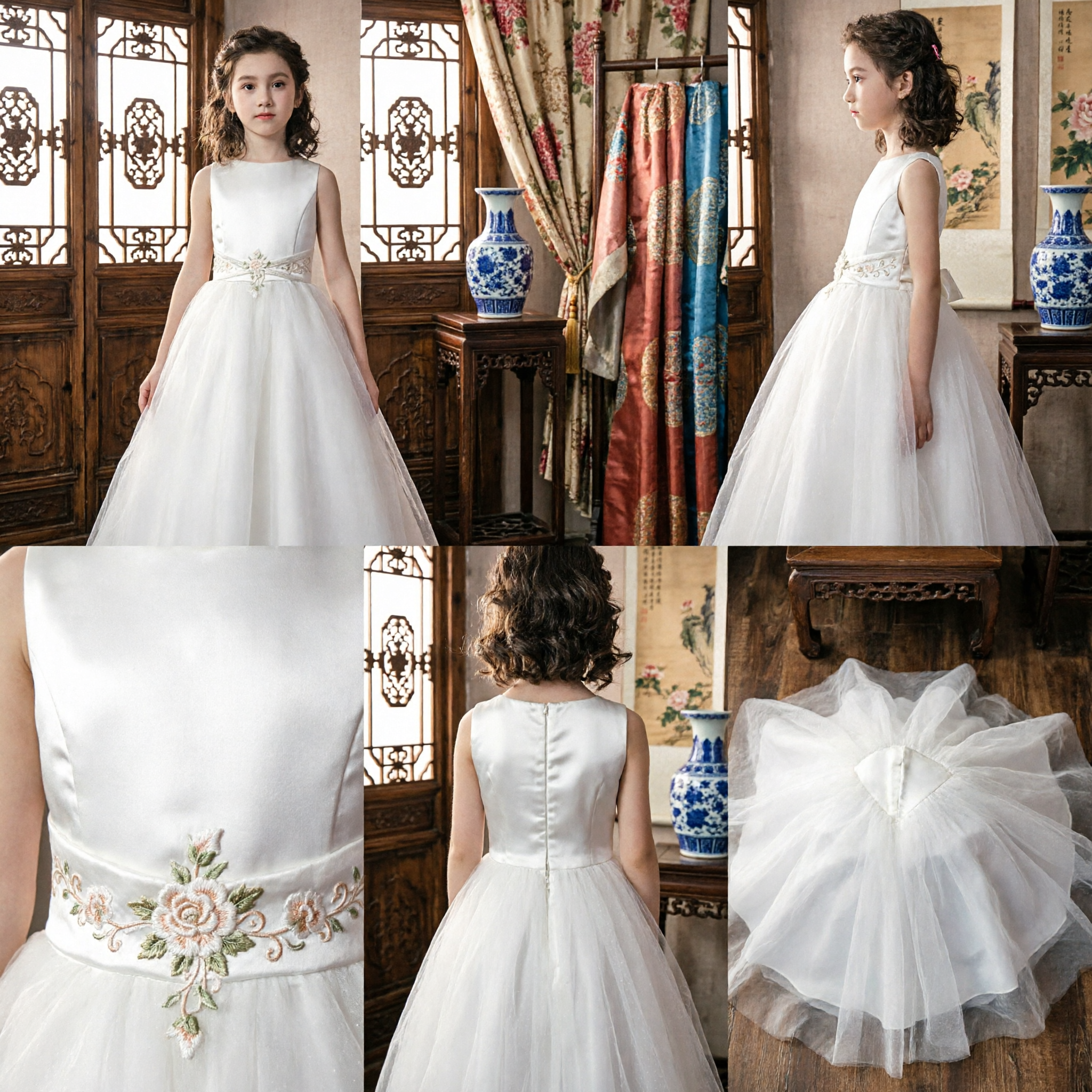 Elegante Vestido Largo Blanco para Dama de Honor, Vestido sin Mangas en Línea A para Niñas en Bodas y Primeras Comuniones - Asian Costume