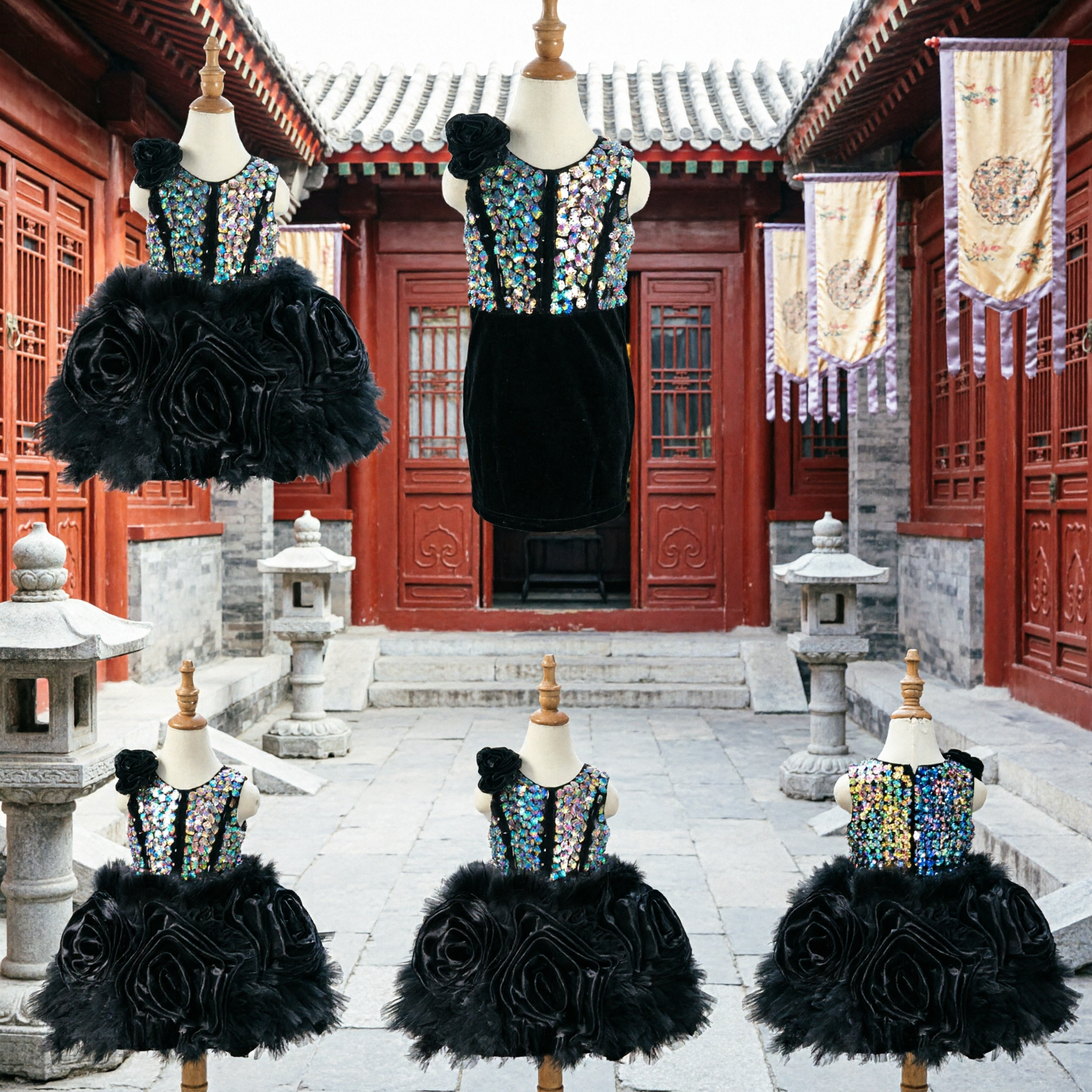 Czarna sukienka dla dziewczynki kwiatowej z kryształkami i cekinami, bezrękawna suknia konkursowa z plisowaną spódniczką na występy dzieci - Asian Costume