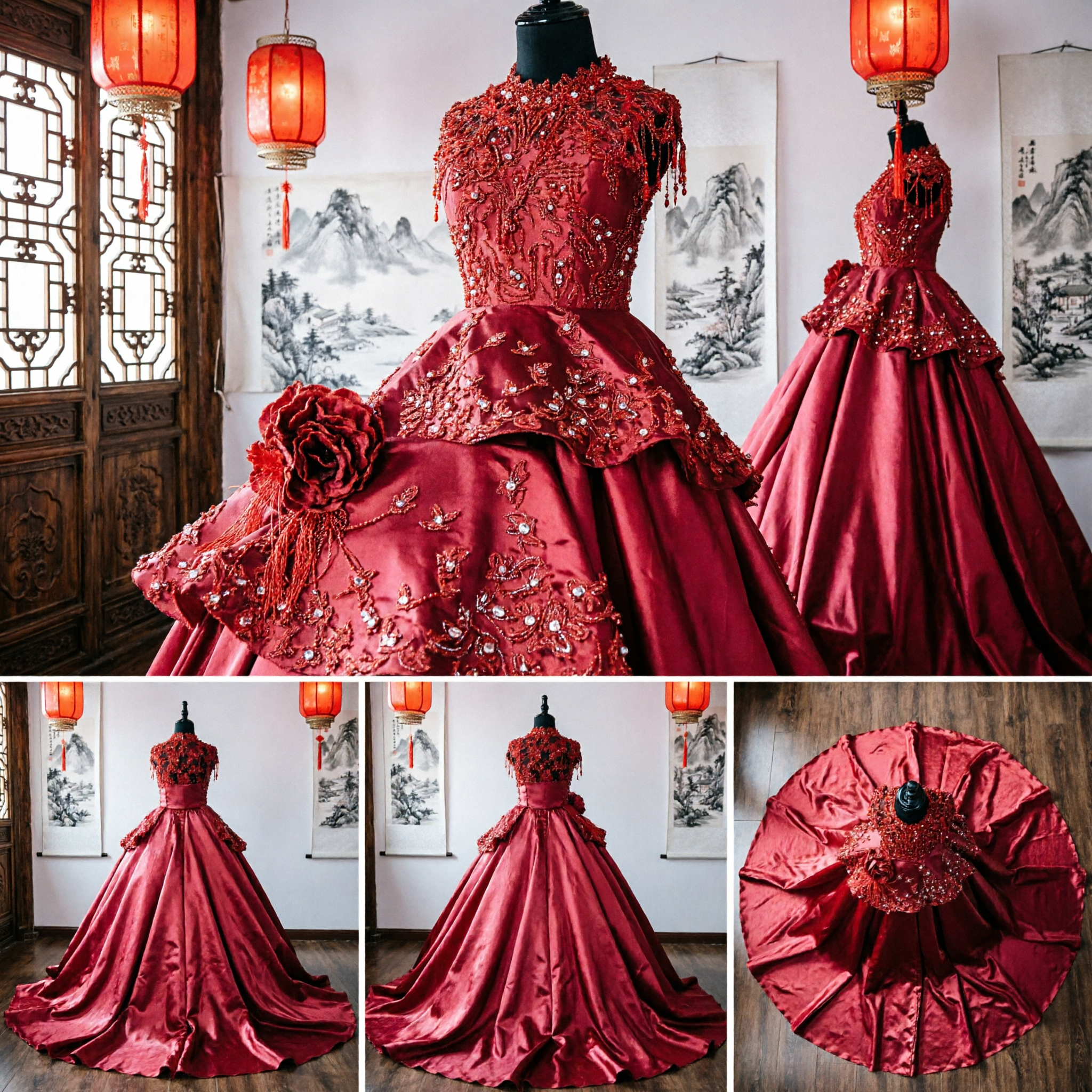 Vestido de Boda Tradicional Chino Rojo con Bordado Floral Intrincado y Corpiño con Abalorios para Ceremonia Nupcial Elegante - Asian Costume