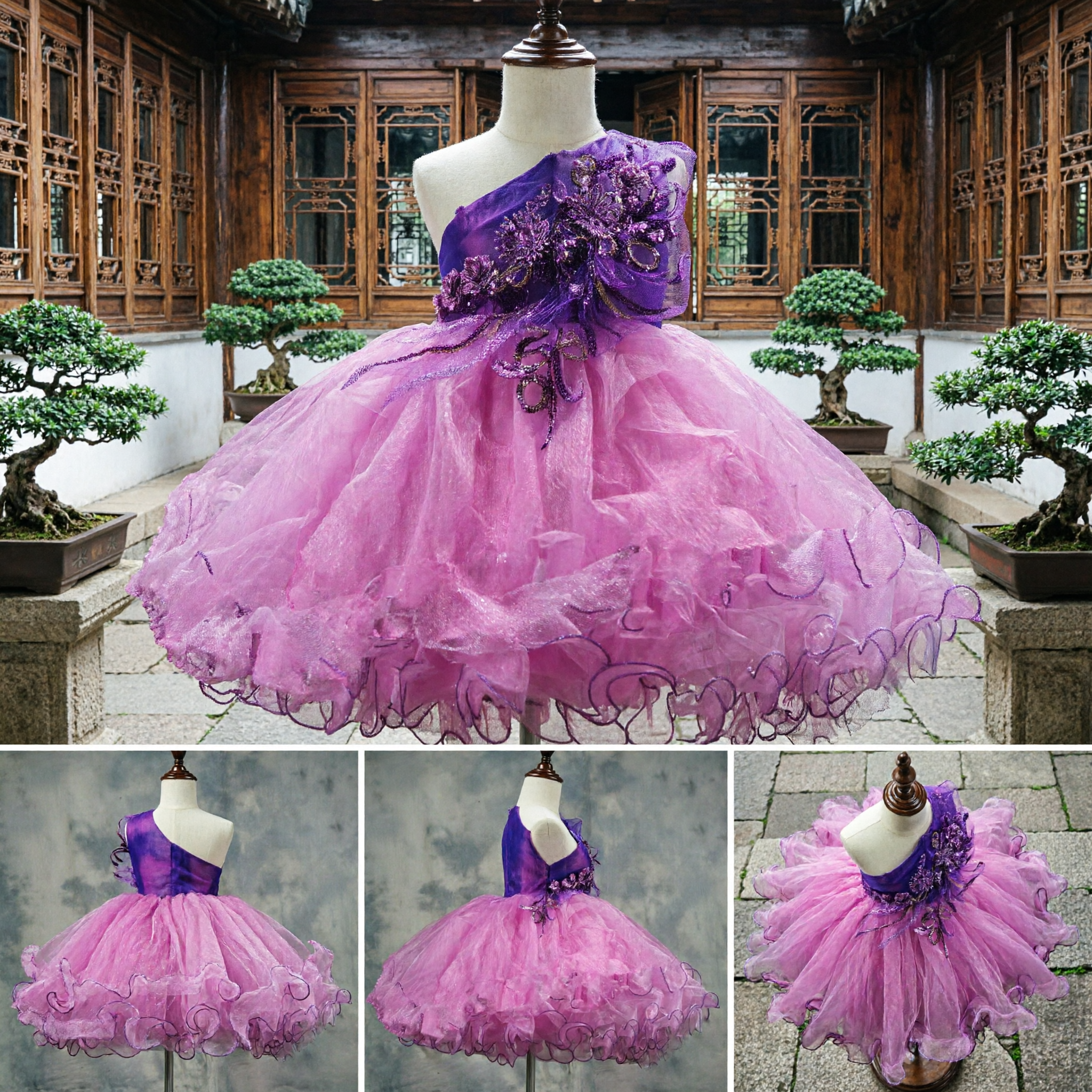Vestido de Baile de Tule Rosa com Corpete de Lantejoulas Roxo Ombro Único para Meninas para Festa e Performance no Palco - Asian Costume