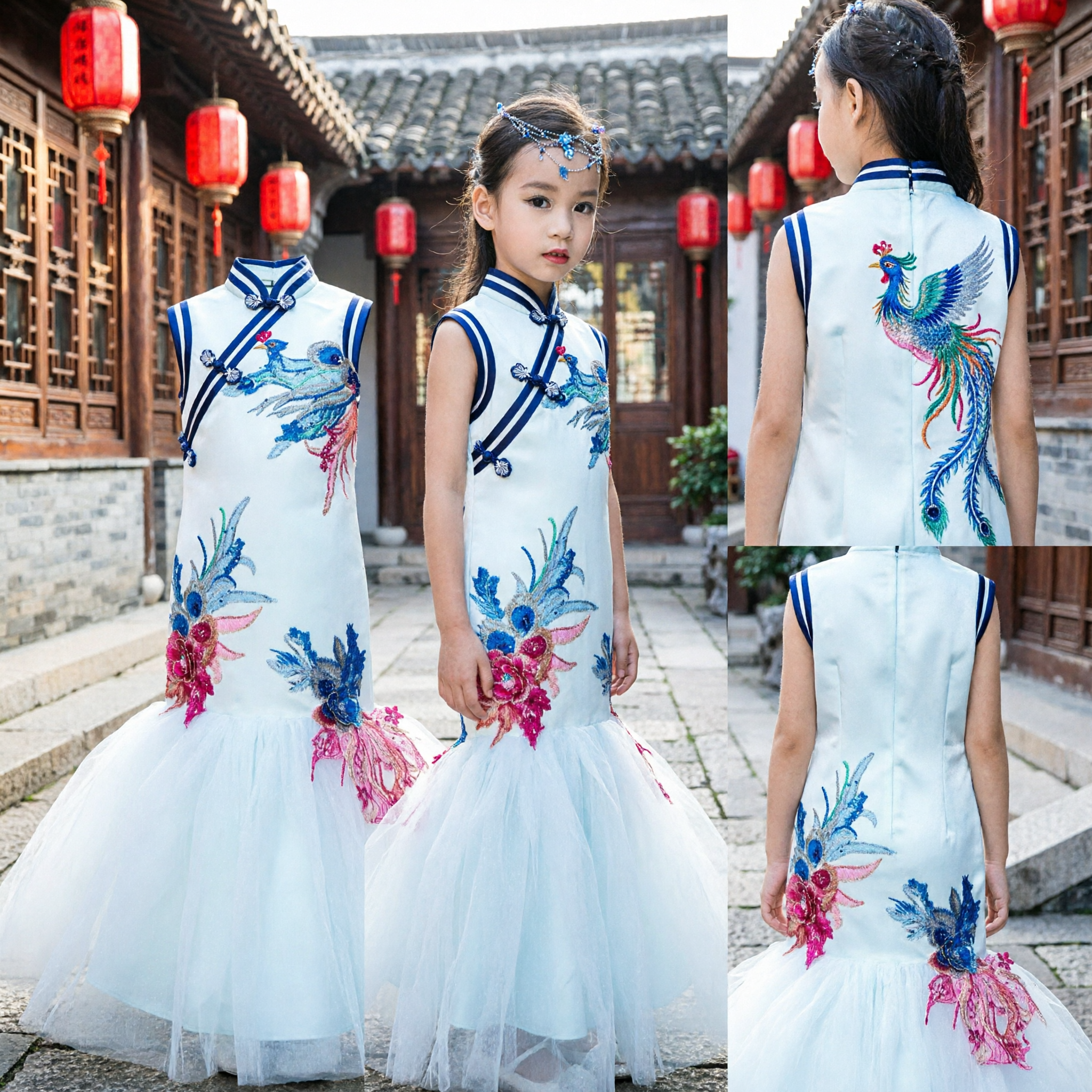 Robe Qipao traditionnelle chinoise pour filles avec broderie de phénix bleu et jupe en tulle, pour mariage, fête ou cérémonie formelle - Asian Costume