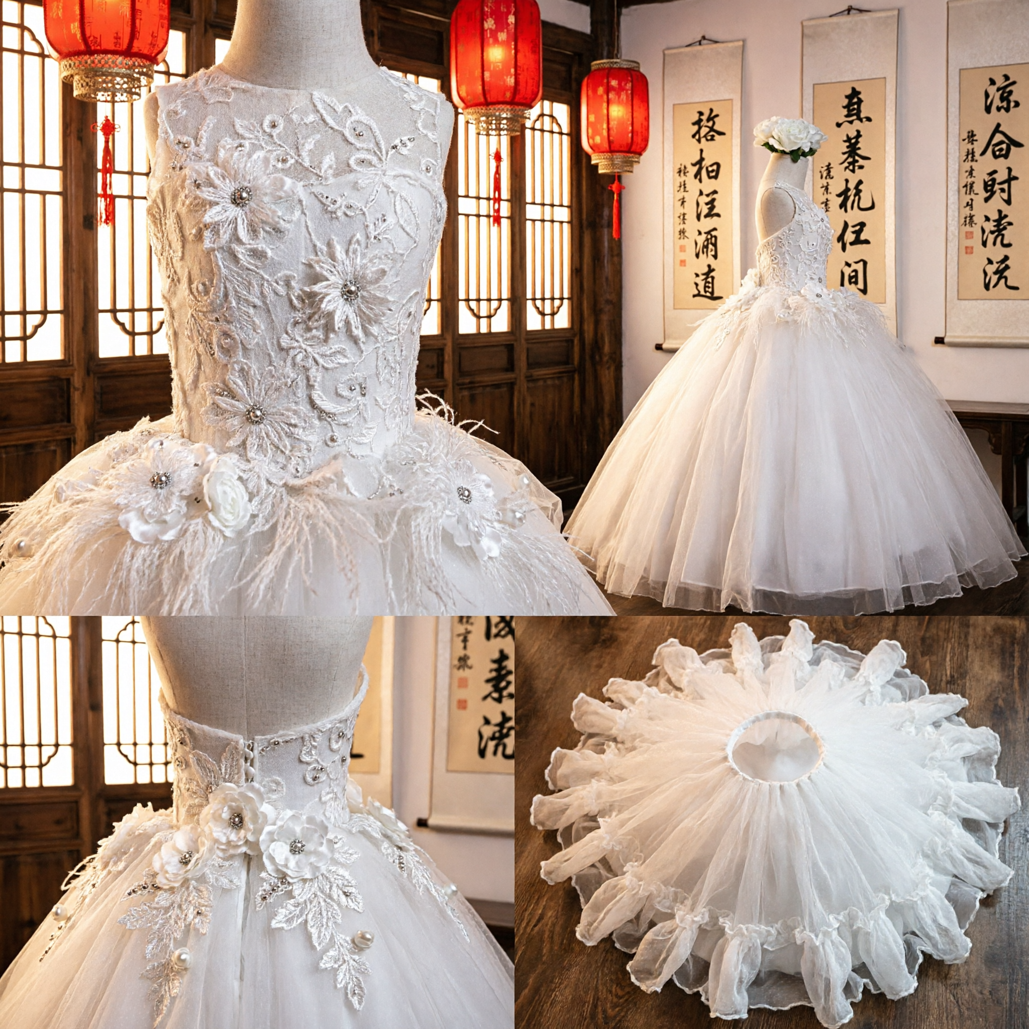 Elegantes weißes Blumenmädchenkleid, Prinzessinnen-Ballkleid mit Blumenapplikationen für Erstkommunion, Hochzeit und Pageants - Asian Costume