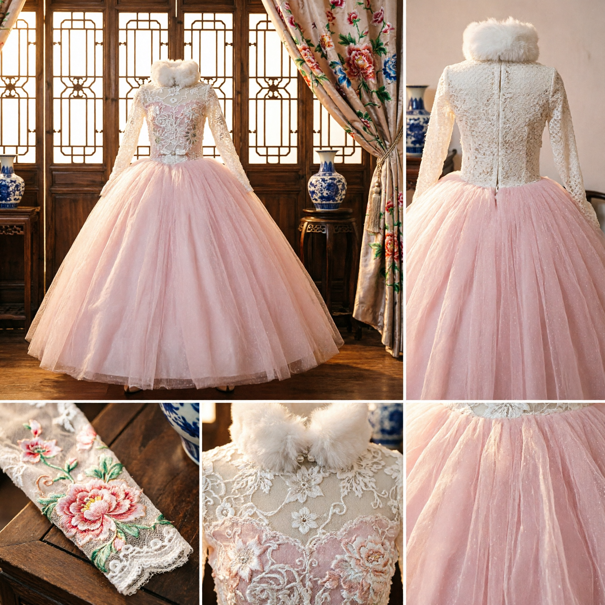 Robe de bal rose élégante avec buste en dentelle et col en fourrure, robe princesse pour quinceañera, bal de promo ou mariage - Asian Costume