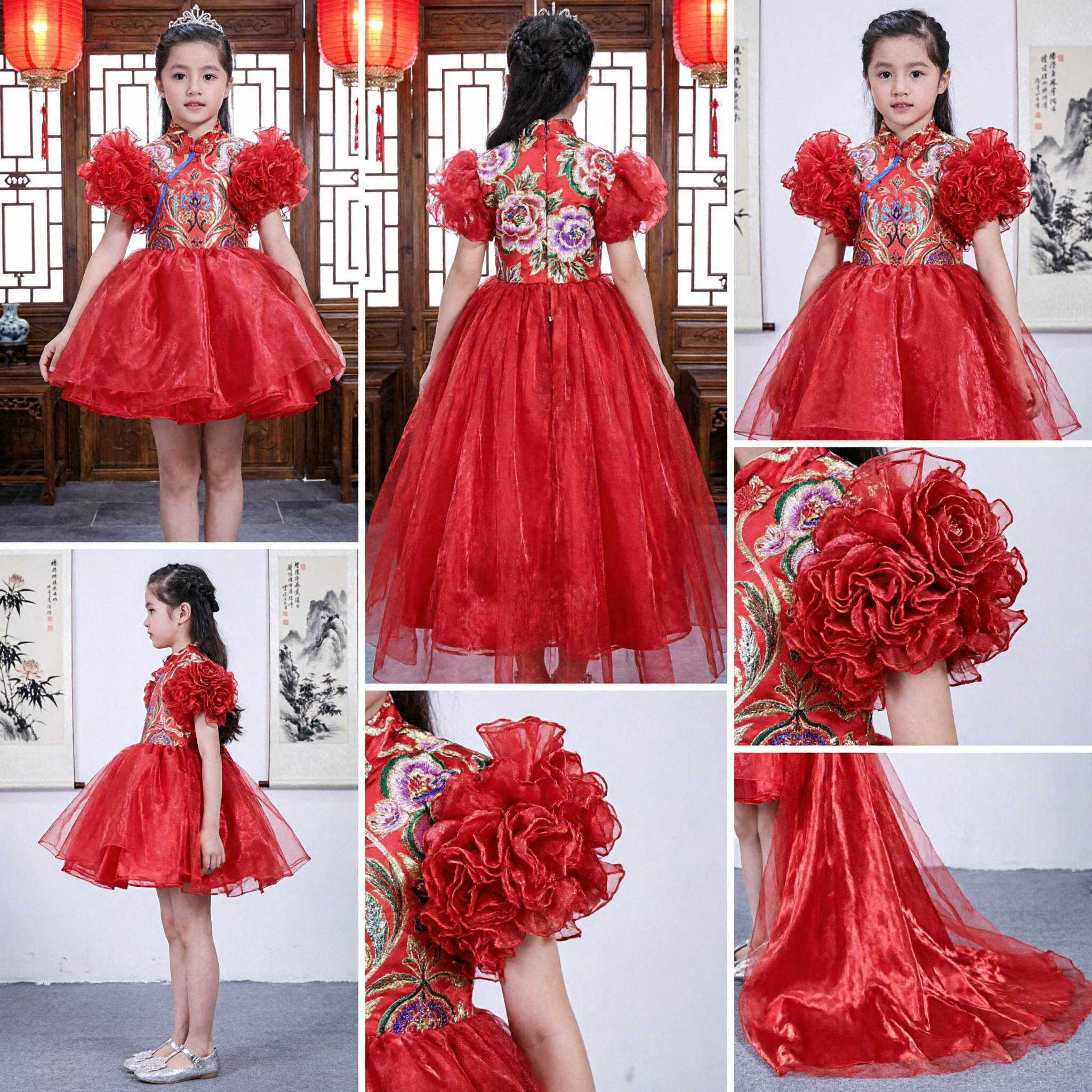 Elegantes rotes traditionelles chinesisches Cheongsam-Kleid für Kinder, Hochzeits-Blumenmädchen, formelles Partykleid - Asian Costume
