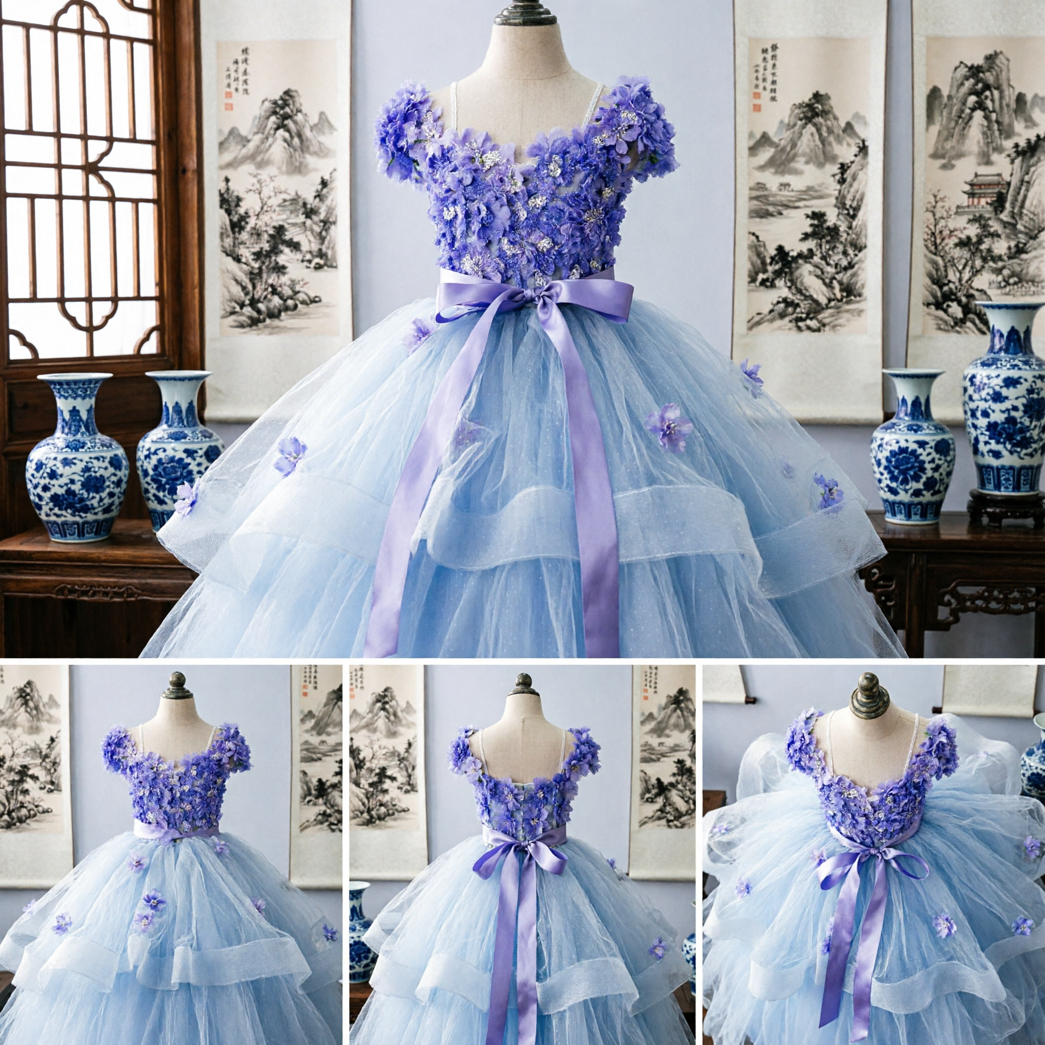Vestido de Niña de las Flores de Tul con Aplicación Floral 3D Púrpura, Traje de Gala para Boda, Concurso y Fiesta - Asian Costume