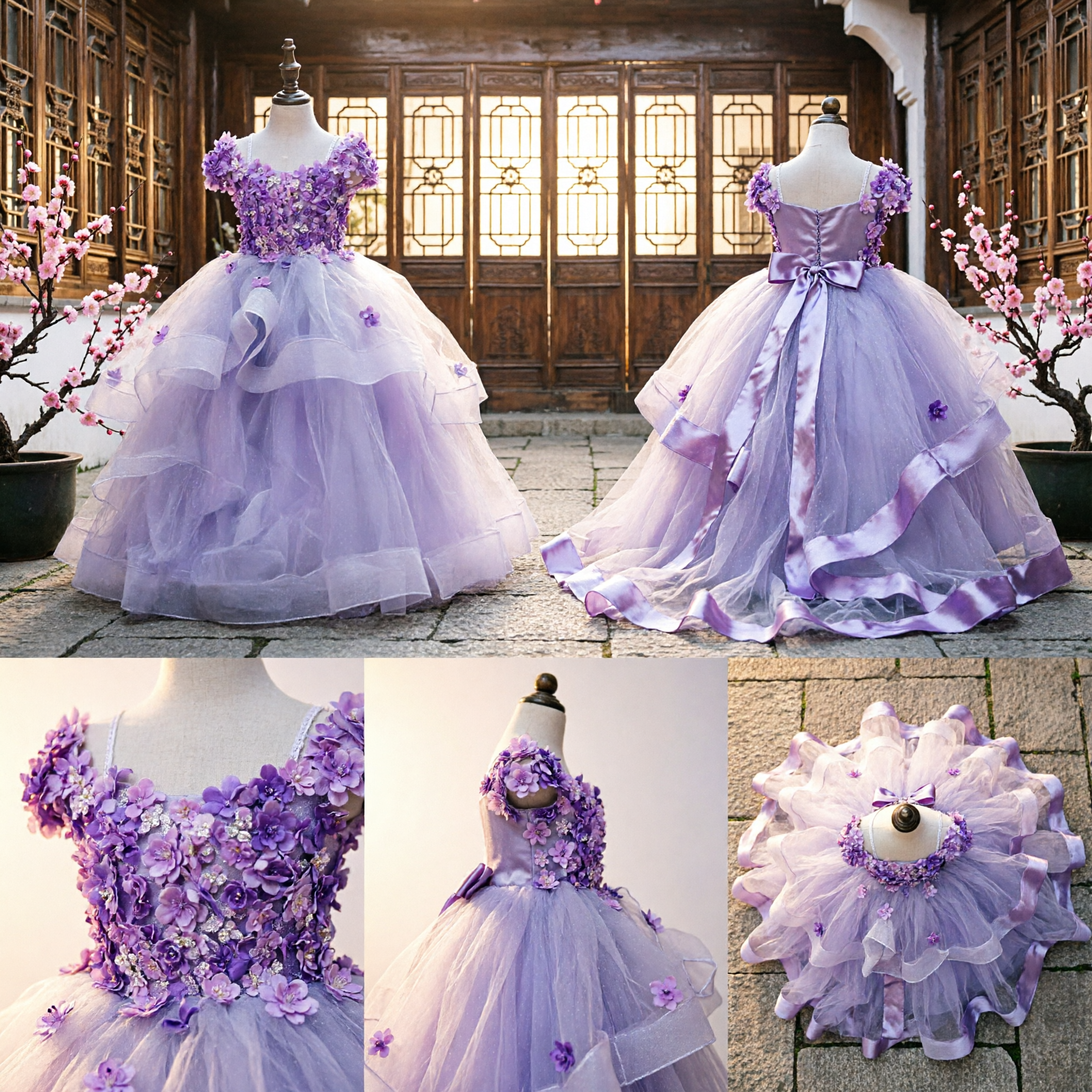Robe de demoiselle d'honneur violette avec applique floral 3D et épaule dénudée, robe de bal en tulle blanc pour enfants, pour mariage ou concours - Asian Costume