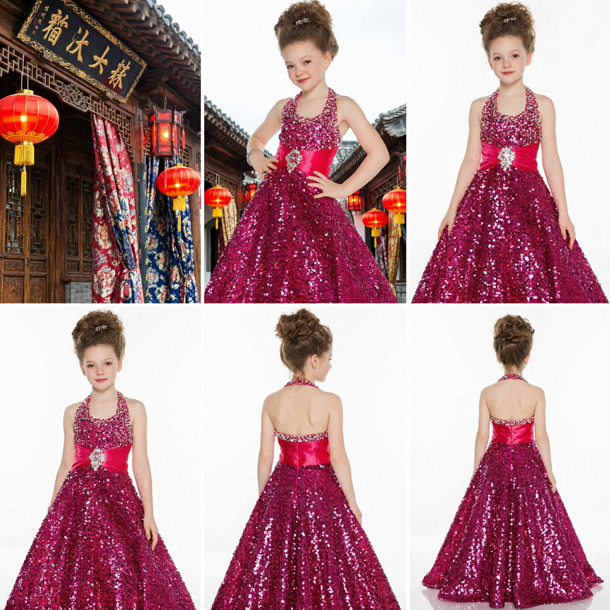 Vestido de Gala de Cuello Halter con Lentejuelas Magenta Brillante para Niñas, para Concurso, Prom, Boda o Actuación - Asian Costume