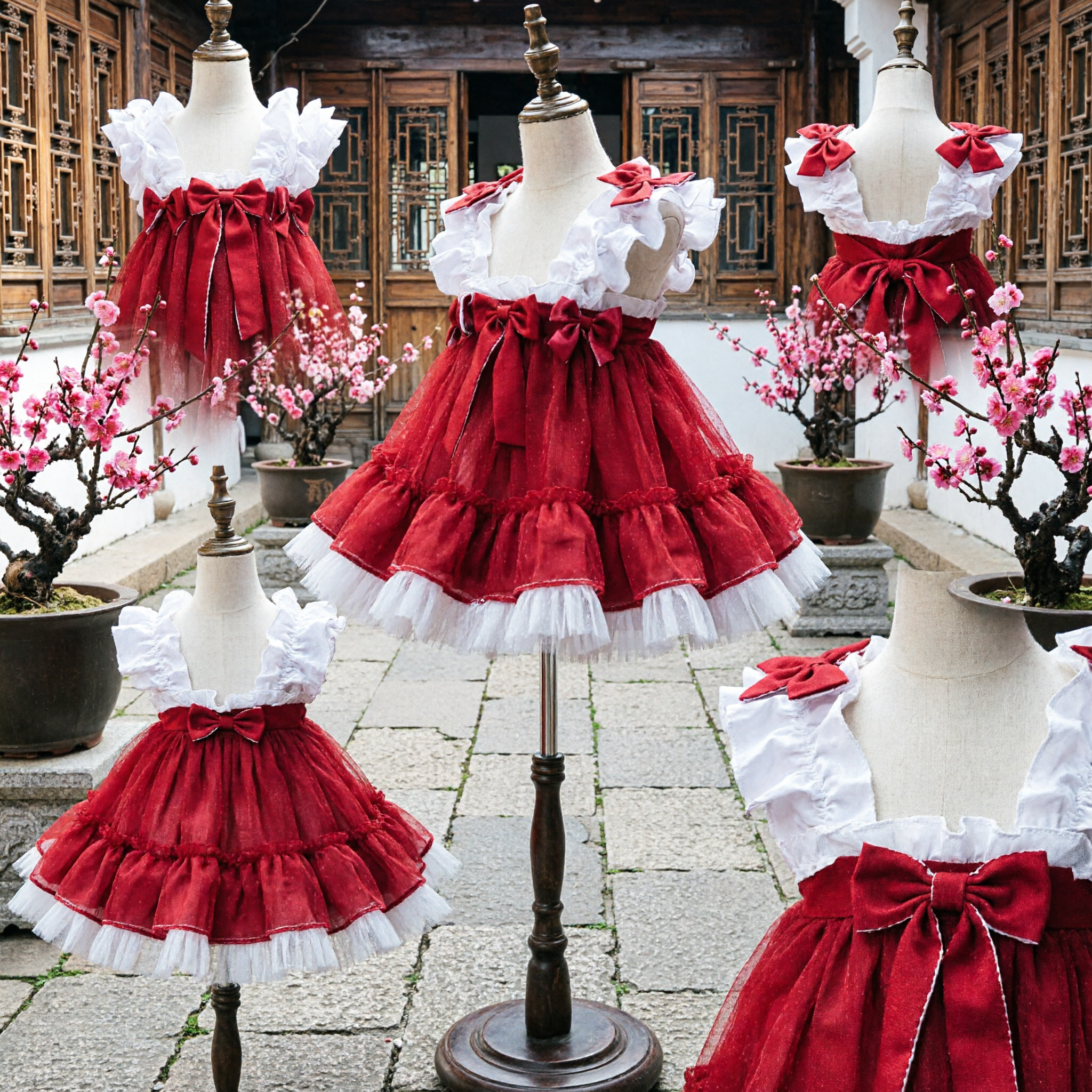 Mädchen Rot und Weiß Rüschen Tanzkleid Spanischer Stil Traditionelles Auftrittskostüm für Kleinkinder - Asian Costume