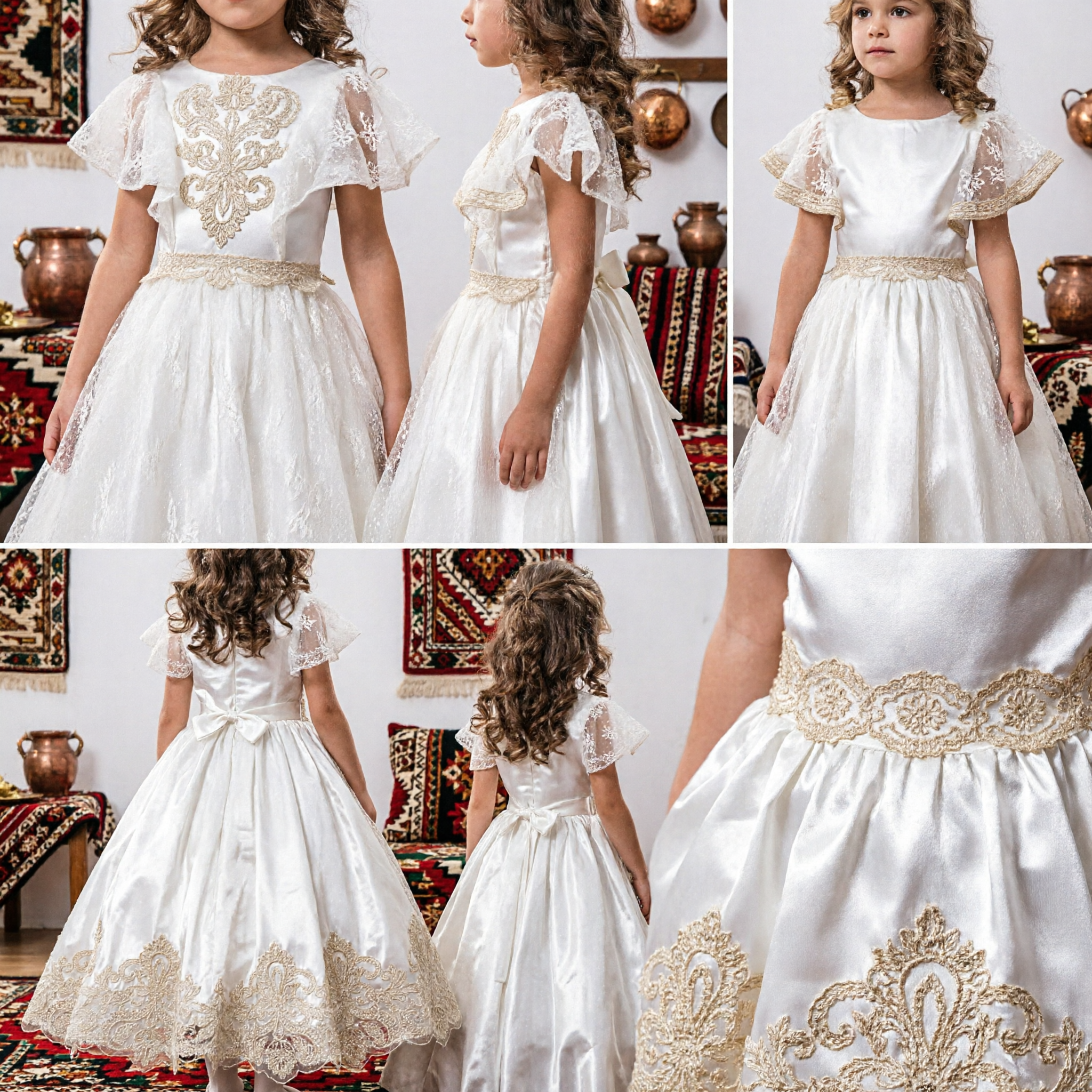 Elegante Vestido Blanco de Niña de las Flores con Bordado de Encaje Dorado para Bodas y Ceremonias de Primera Comunión - Asian Costume