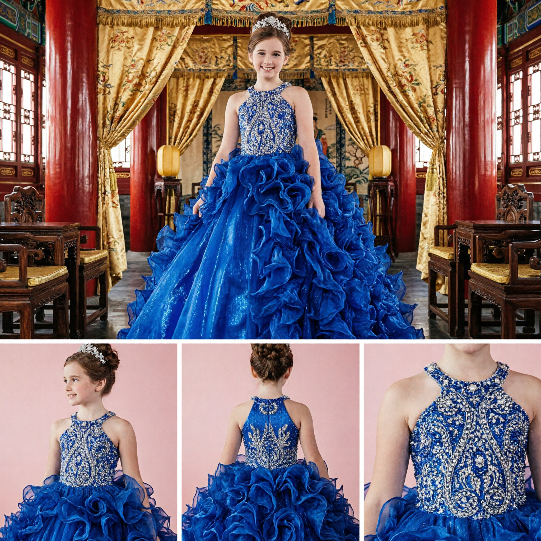 Königsblau Trägeroberteil Ballkleid für Mädchen Blumenmädchen Schönheitswettbewerbs Partykleid mit Rüschen - Asian Costume