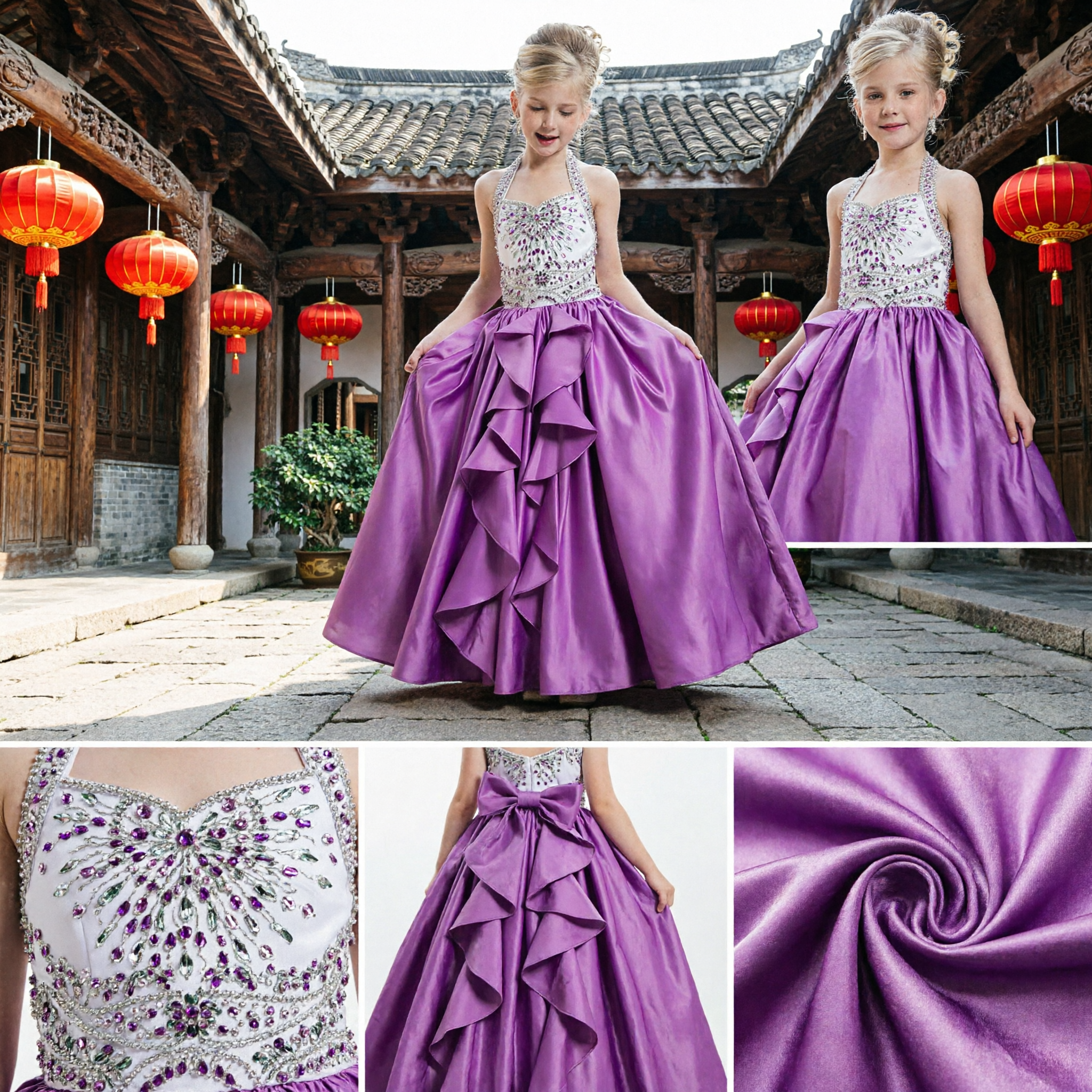 Lila Träger Strass Blumenmädchenkleid Schönheitswettbewerbsrobe für Kinder Hochzeits Formelle Party Ballkleid - Asian Costume