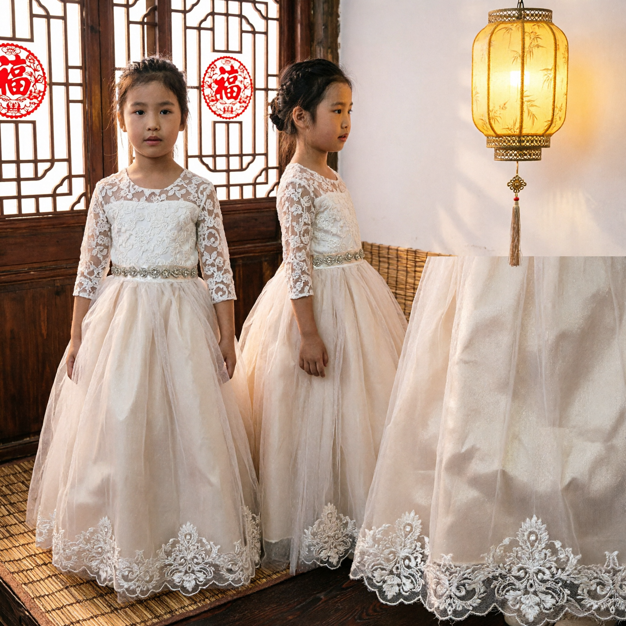 Elegant Girls Long Sleeve Lace Flower Girl Dress Formal Tulle Ballgown for Wedding Party Pageant - Asian Costume